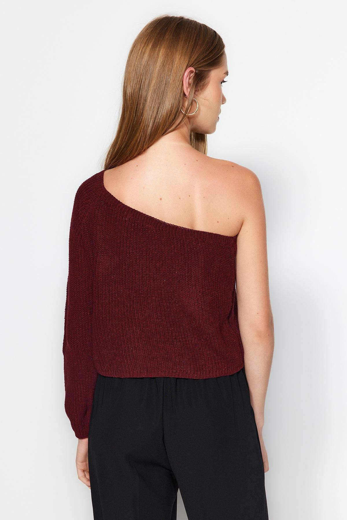 Trendyol - Burgundy Cropped One-Shoulder Knitted Sweater