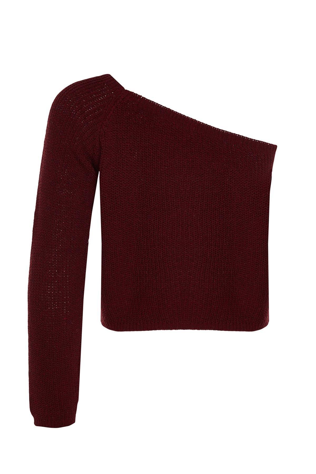 Trendyol - Burgundy Cropped One-Shoulder Knitted Sweater