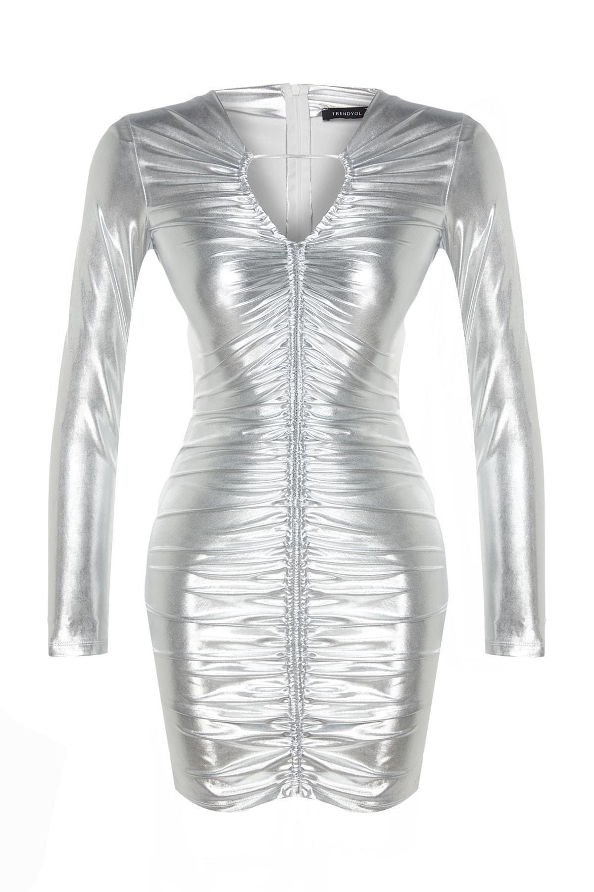 Silver Metallic Fitted Occasion Wear Dress, , large image number 2