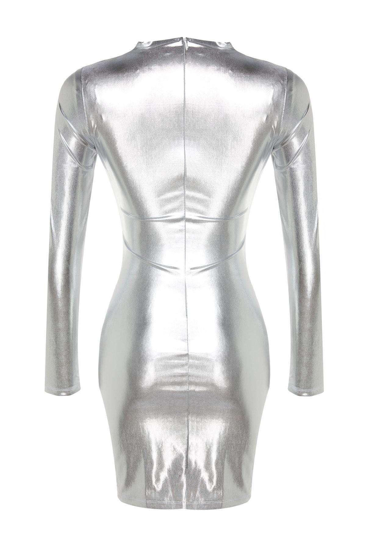 Silver Metallic Fitted Occasion Wear Dress, , large image number 4