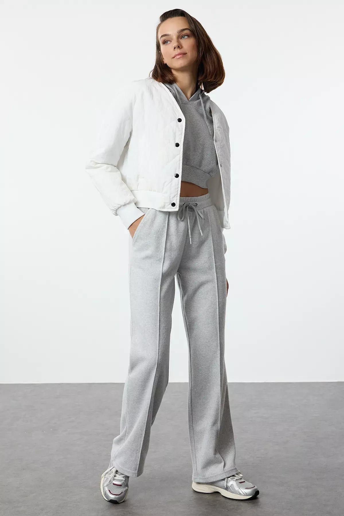 Grey Ribbed Wide Leg Sweatpants, C101_1656, large image number 0