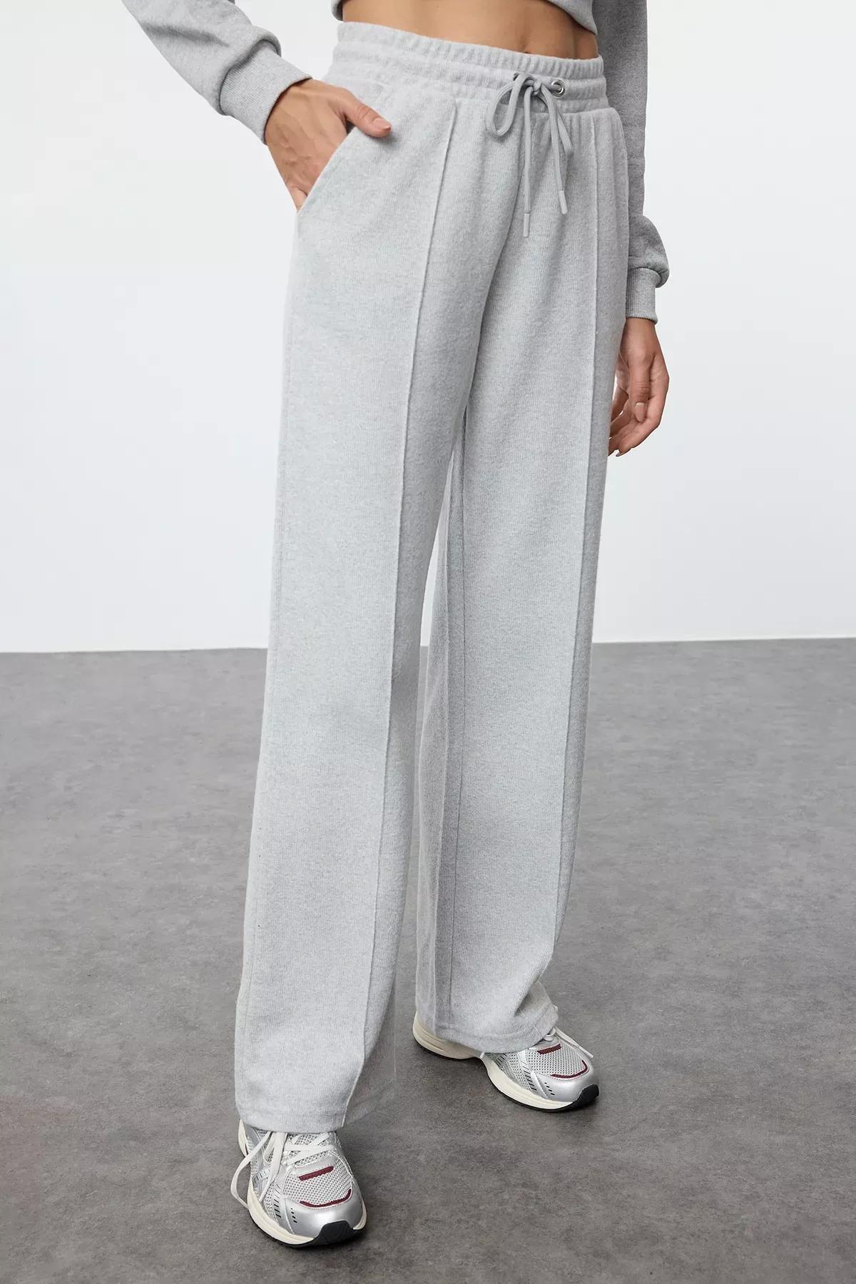 Grey Ribbed Wide Leg Sweatpants, C101_1656, large image number 2
