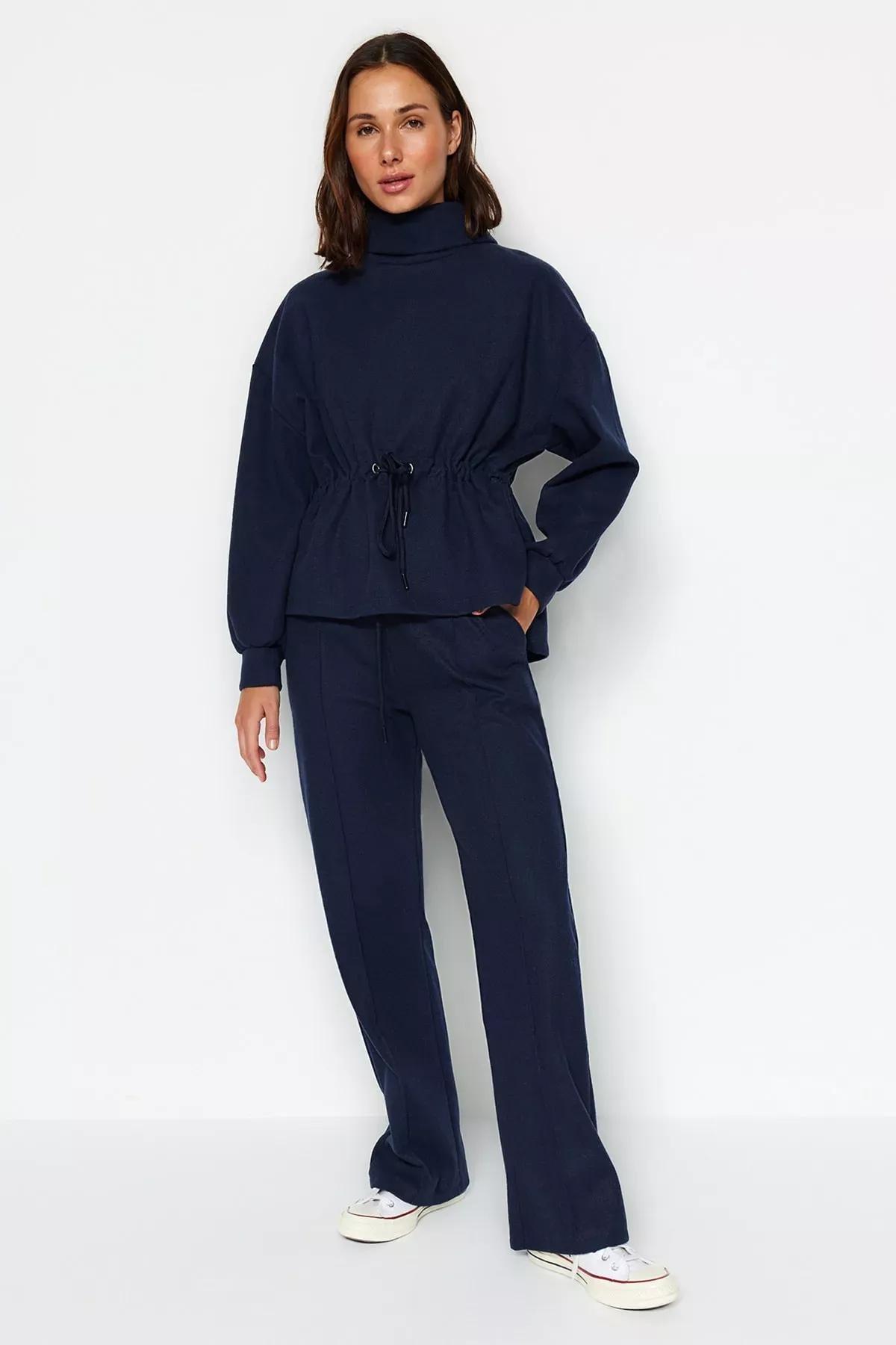 Navy Ribbed Knitted Sweatpants, Navy blue, large image number 0