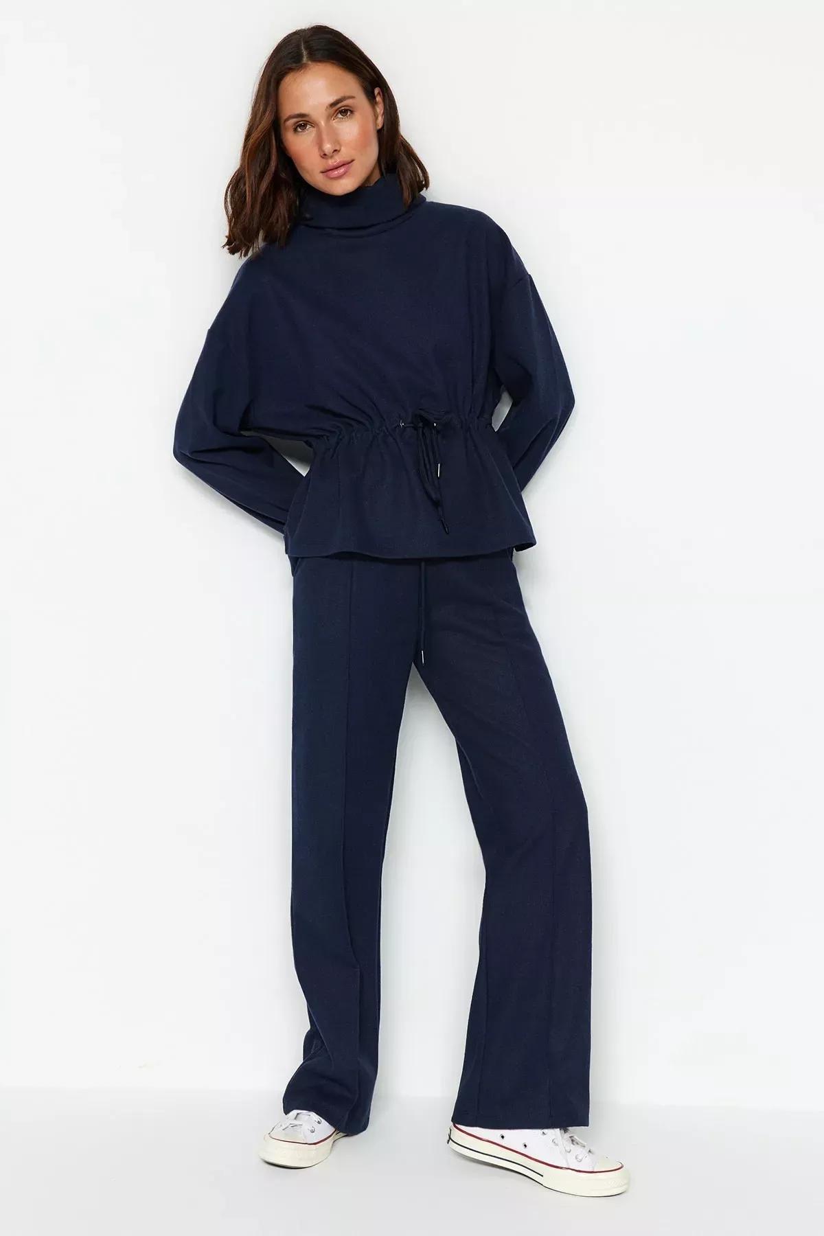 Navy Ribbed Knitted Sweatpants, Navy blue, large image number 1