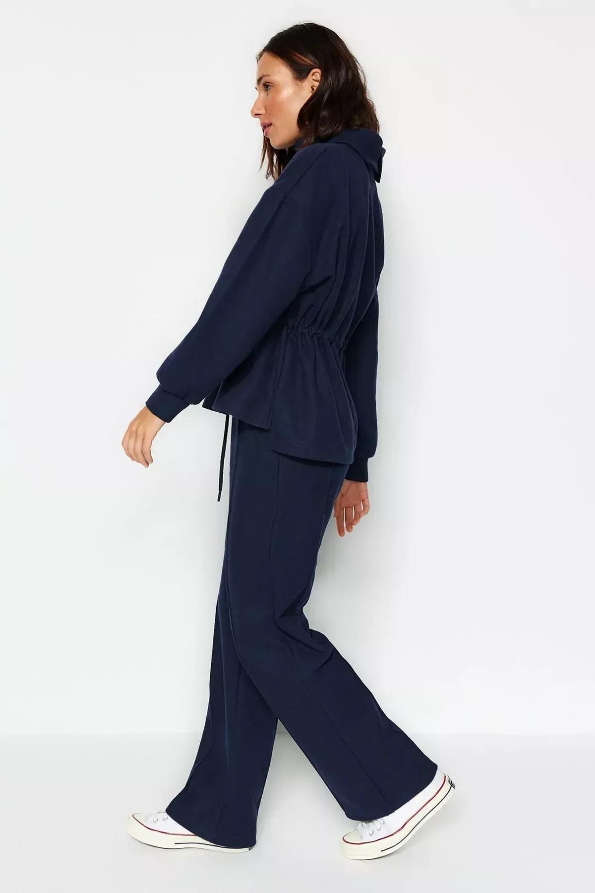 Navy Ribbed Knitted Sweatpants, Navy blue, large image number 2