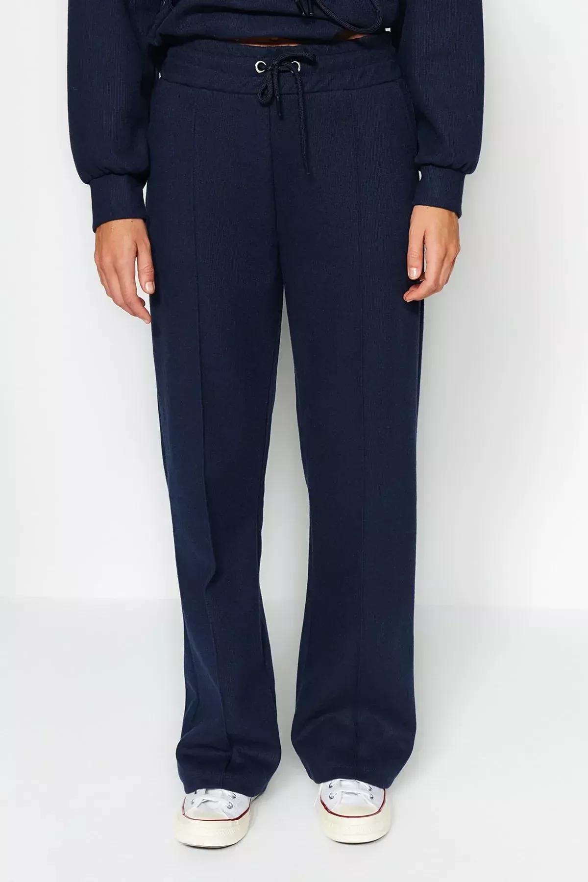 Navy Ribbed Knitted Sweatpants, Navy blue, large image number 3