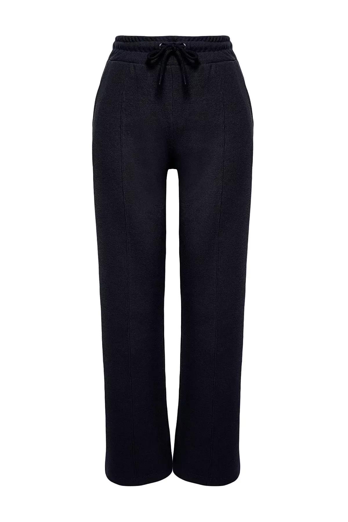 Navy Ribbed Knitted Sweatpants, Navy blue, large image number 5