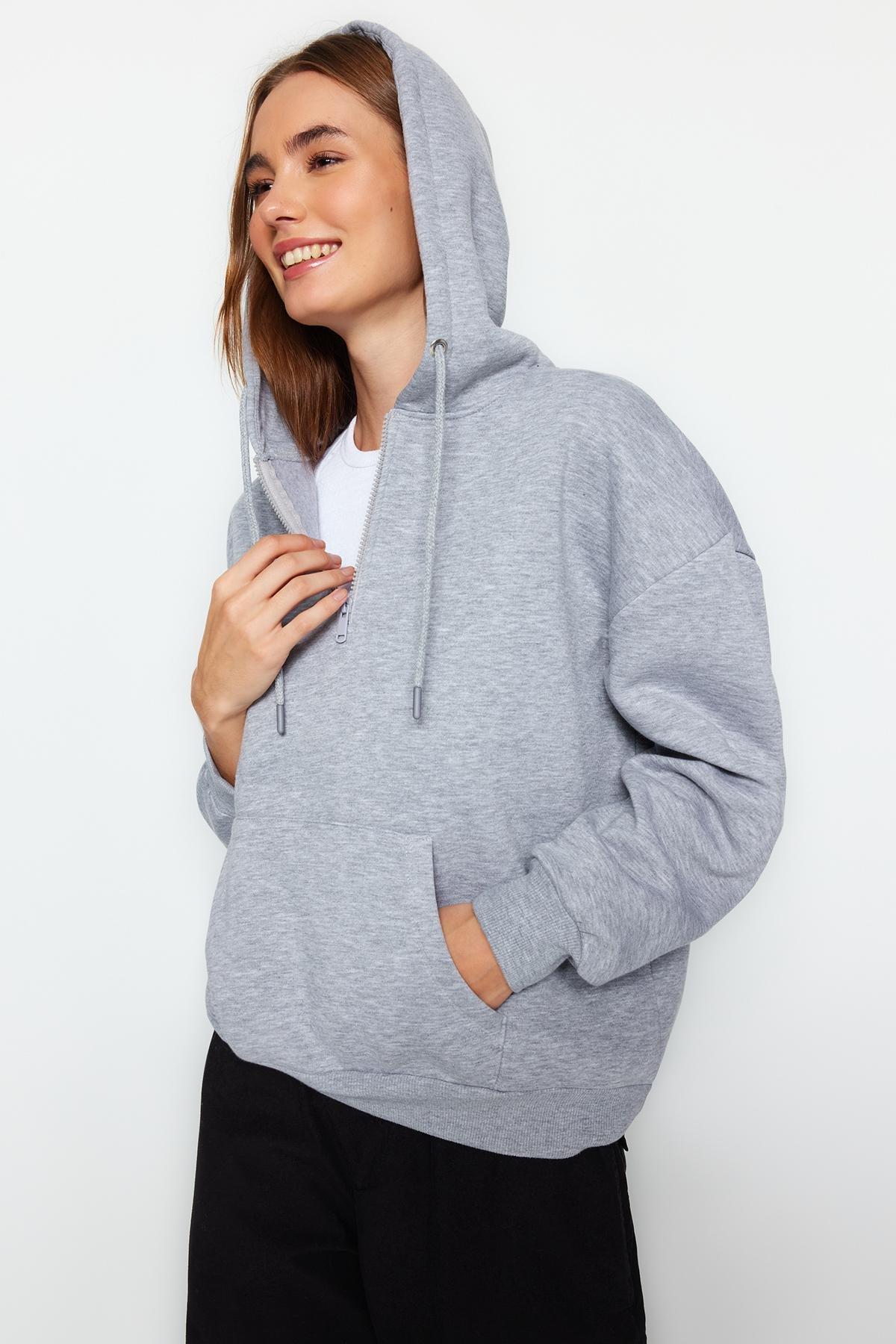 Trendyol - Grey Oversized Knitted Hooded Sweatshirt