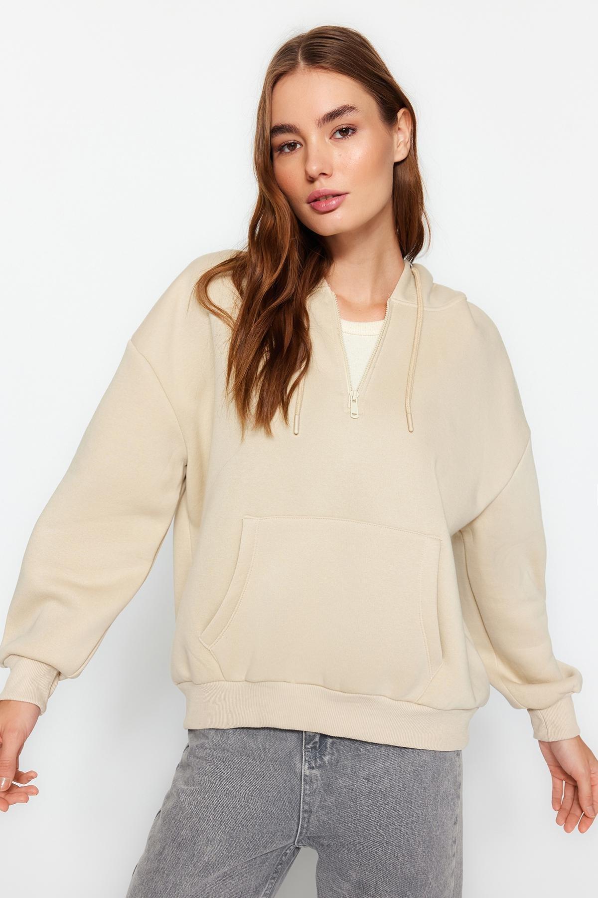 Trendyol - Beige Hooded Oversized Knitted Sweatshirt