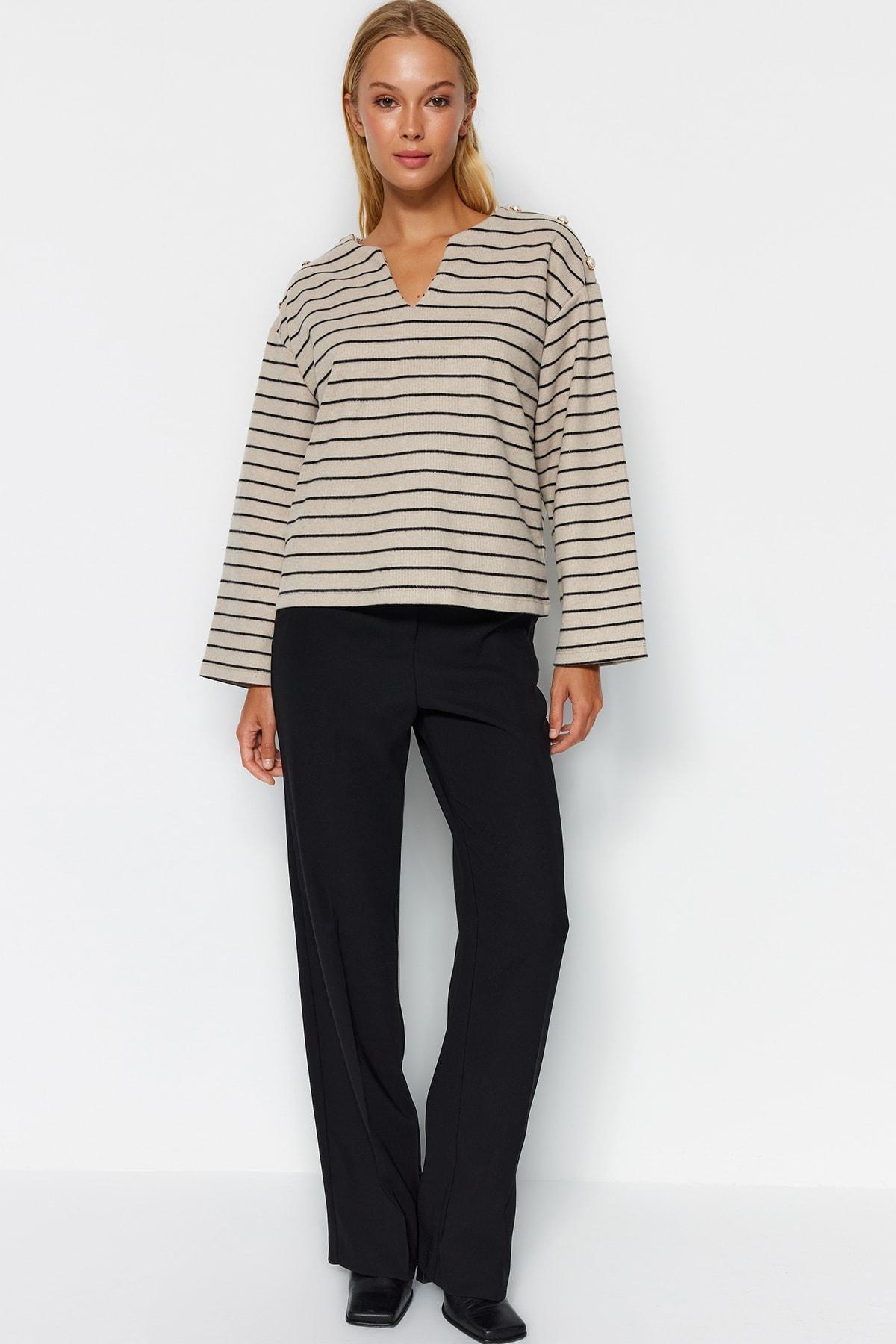 Trendyol - Beige Striped Pearl Knitted Blouse