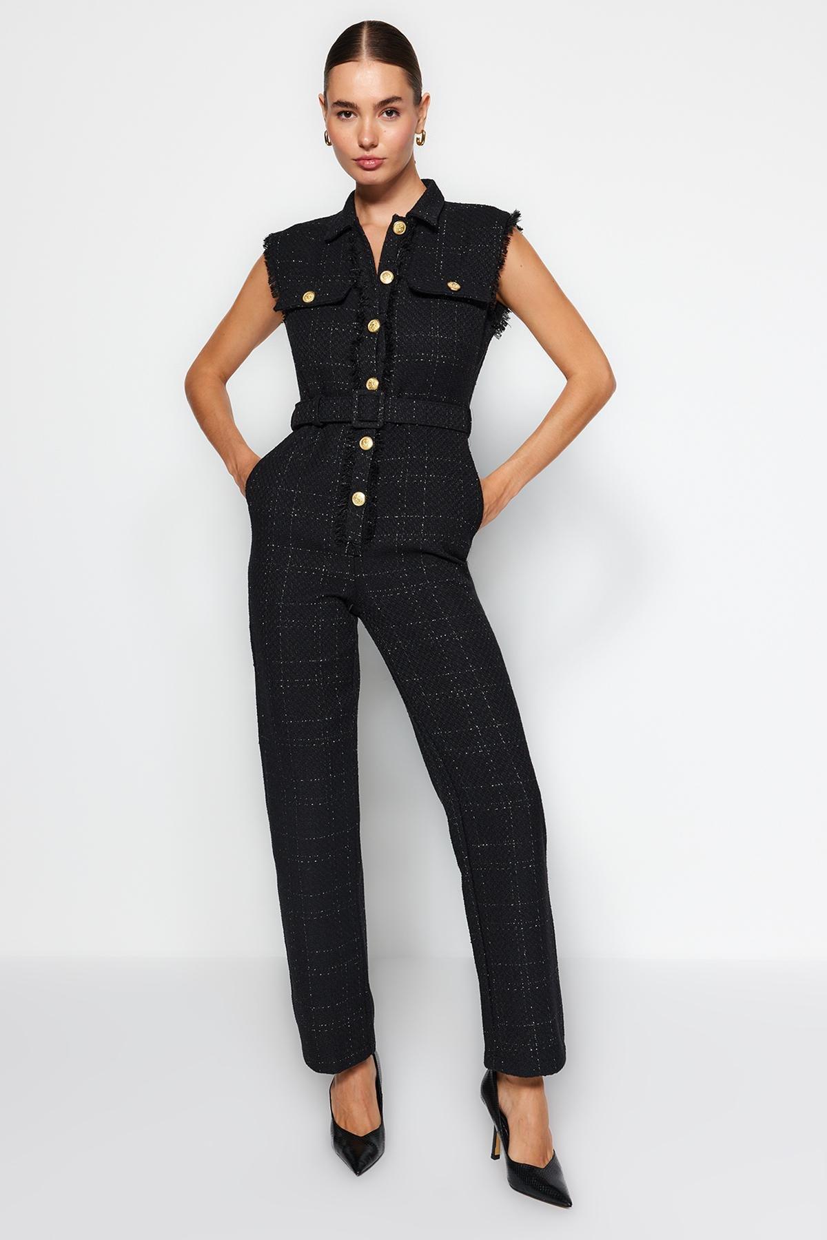 Black Belted Tweed Jumpsuit, , large image number 0