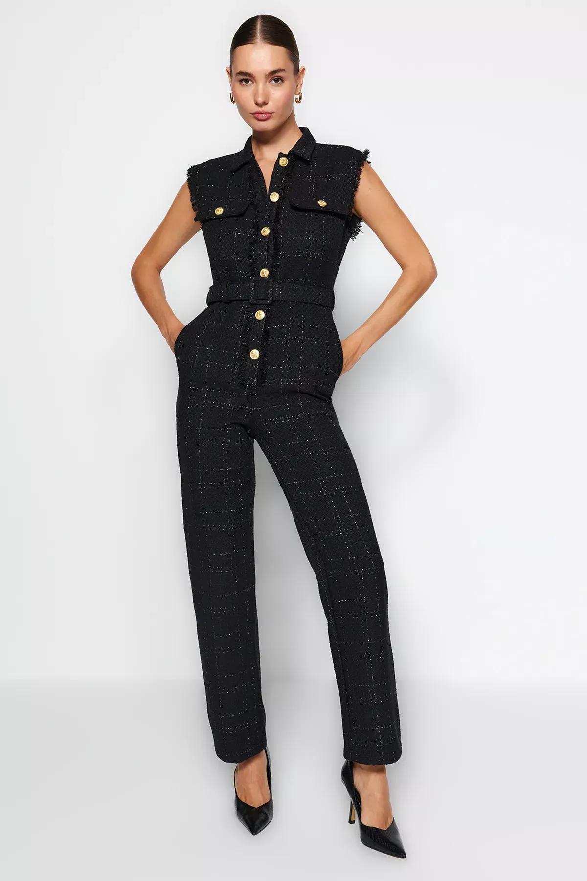 Black Belted Tweed Jumpsuit, BLACK, medium