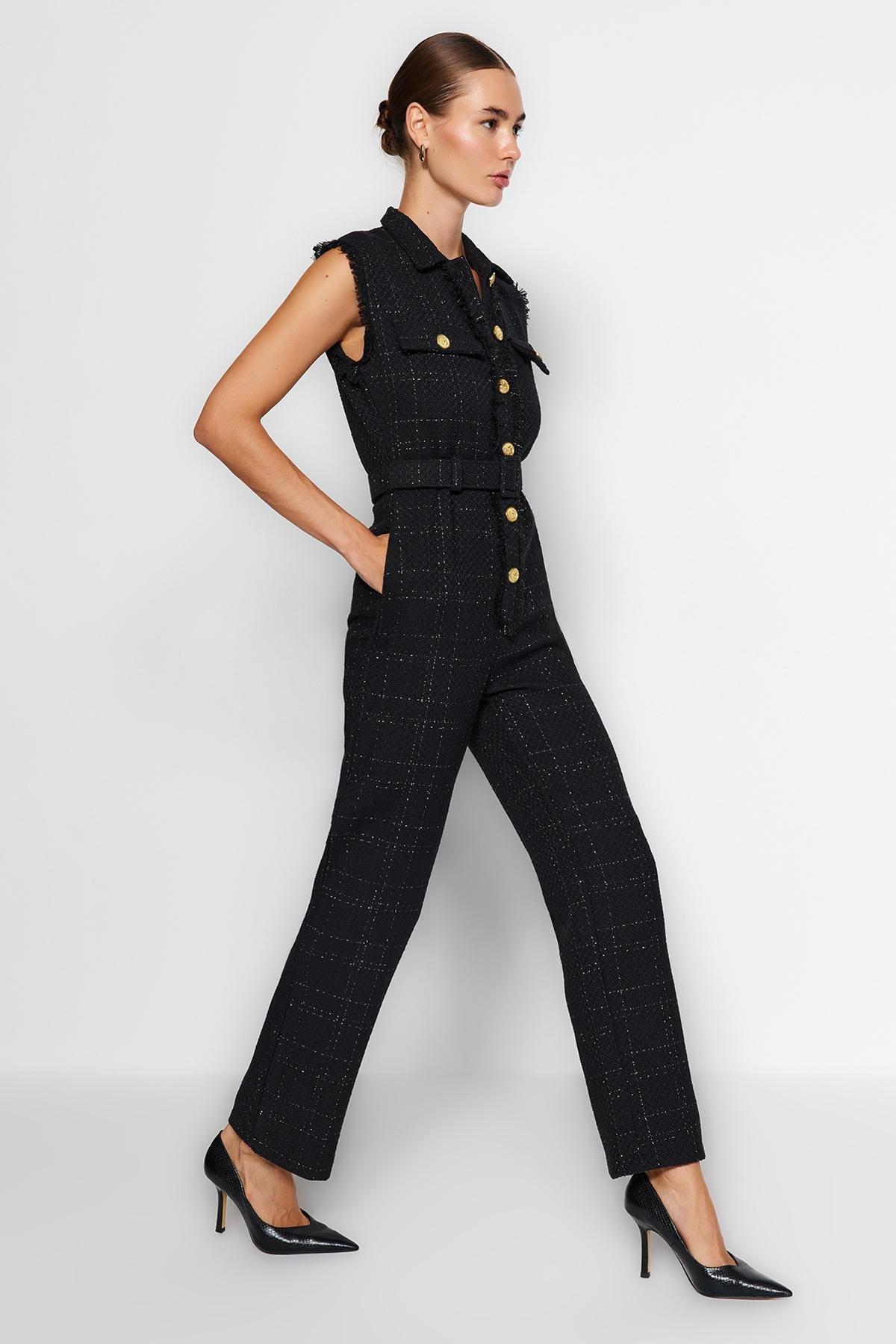 Black Belted Tweed Jumpsuit, , large image number 1