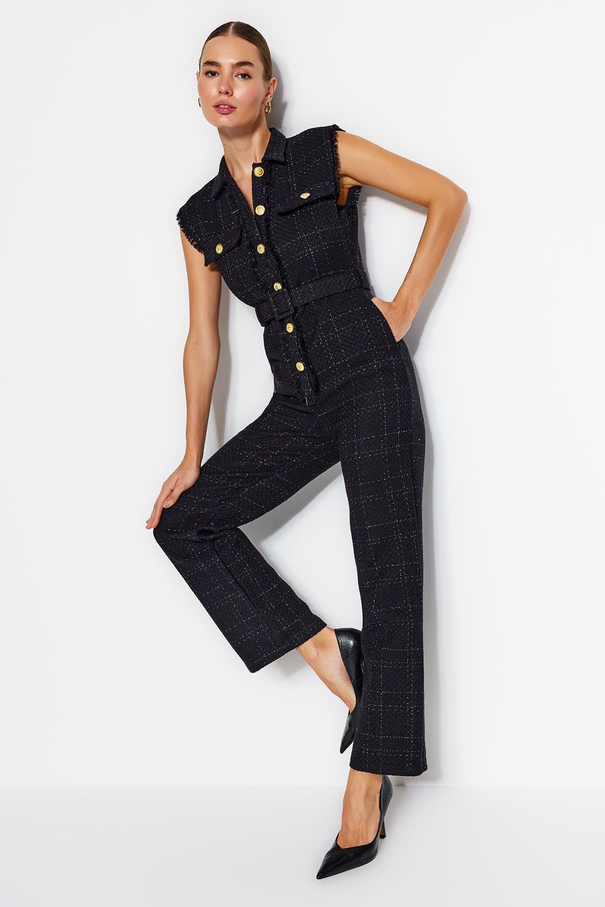 Black Belted Tweed Jumpsuit, , large image number 2