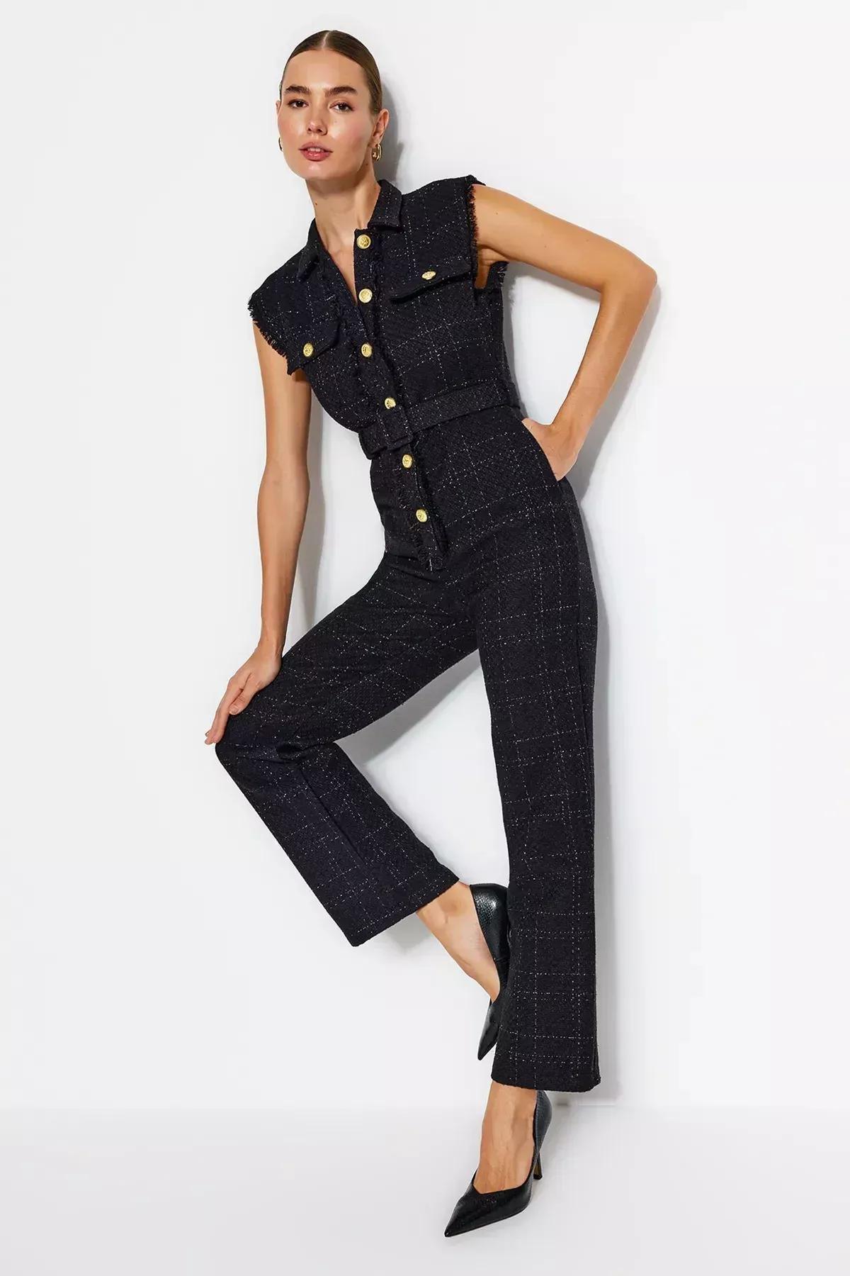 Black Belted Tweed Jumpsuit, BLACK, medium