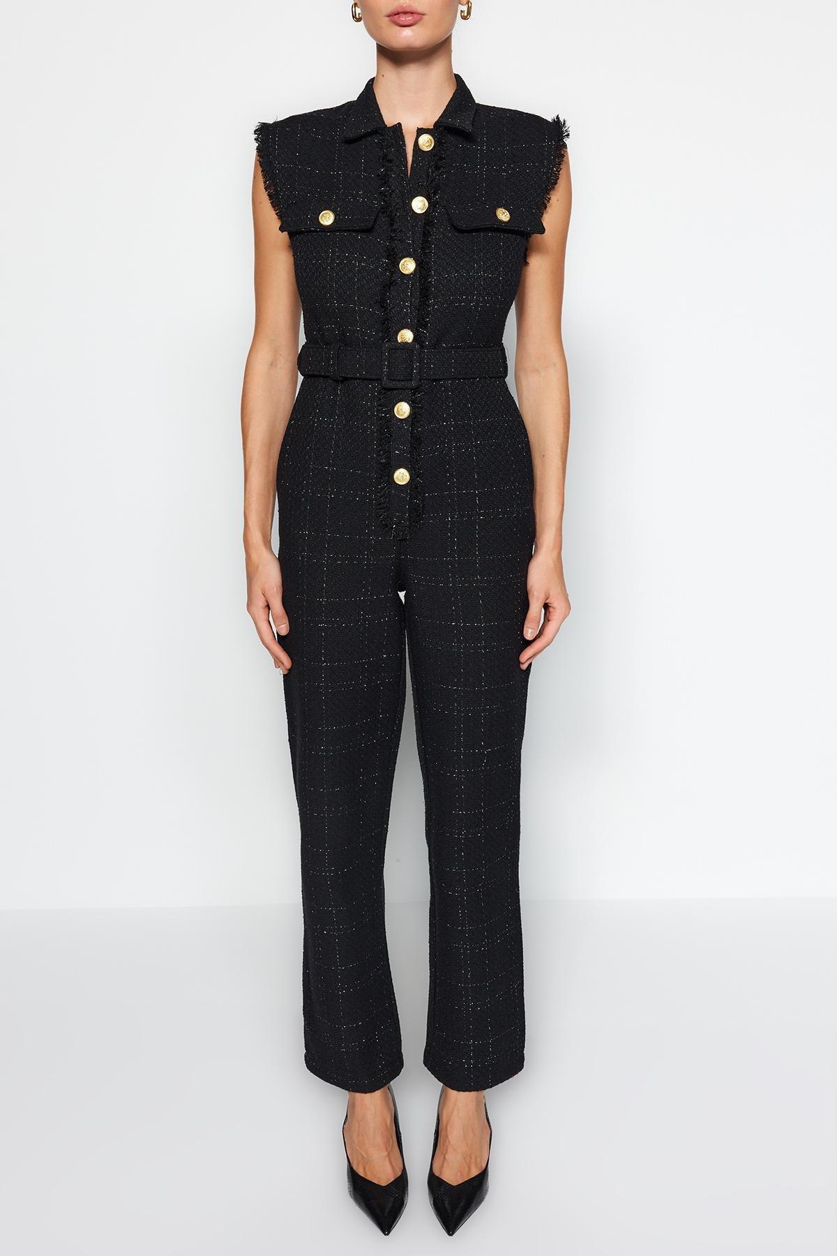 Black Belted Tweed Jumpsuit, , large image number 3