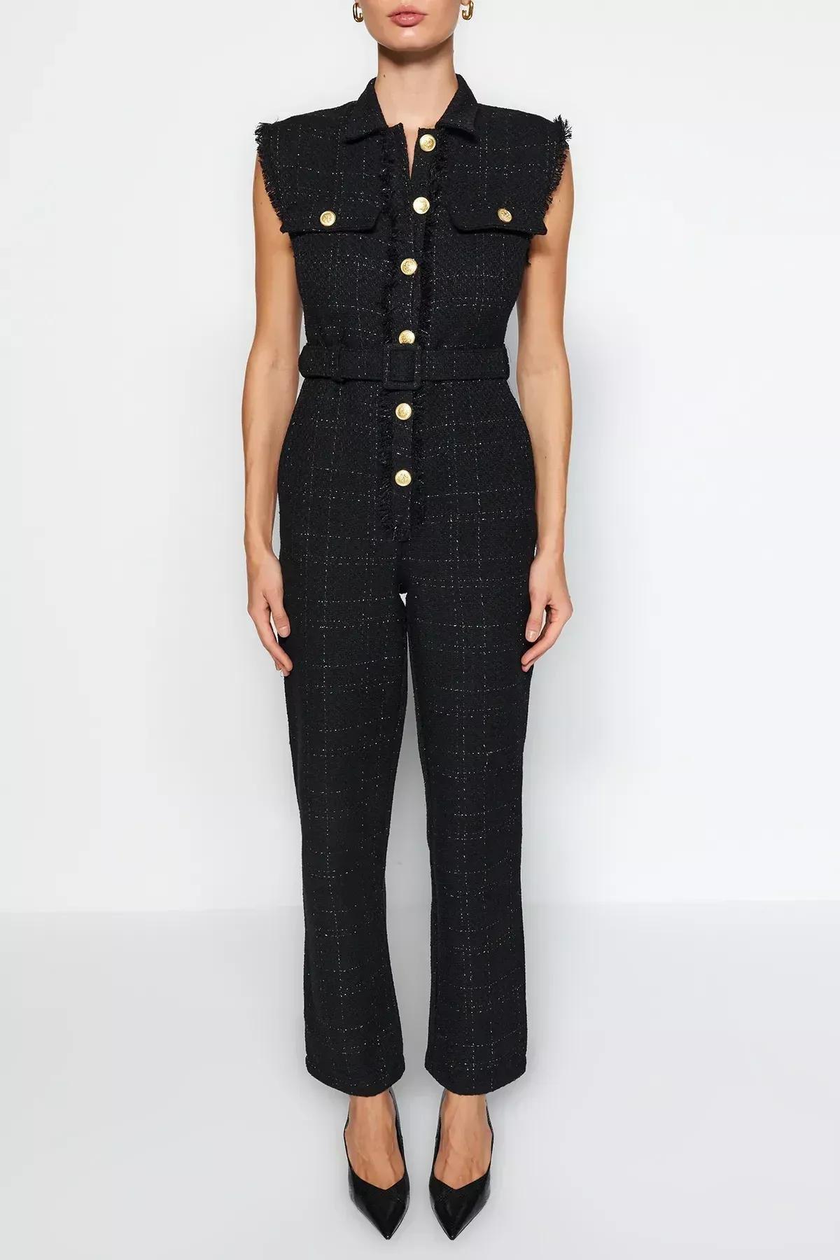 Black Belted Tweed Jumpsuit, BLACK, large image number 3
