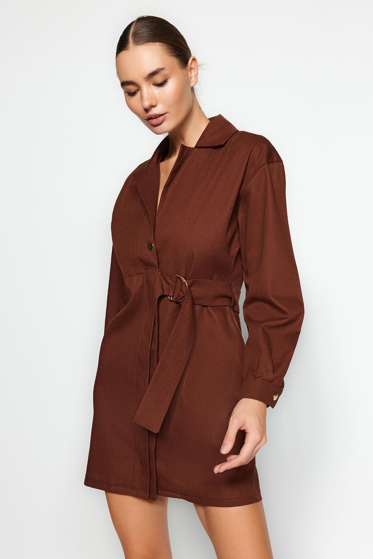 Trendyol - Brown Belted Knitted Mini Dress
