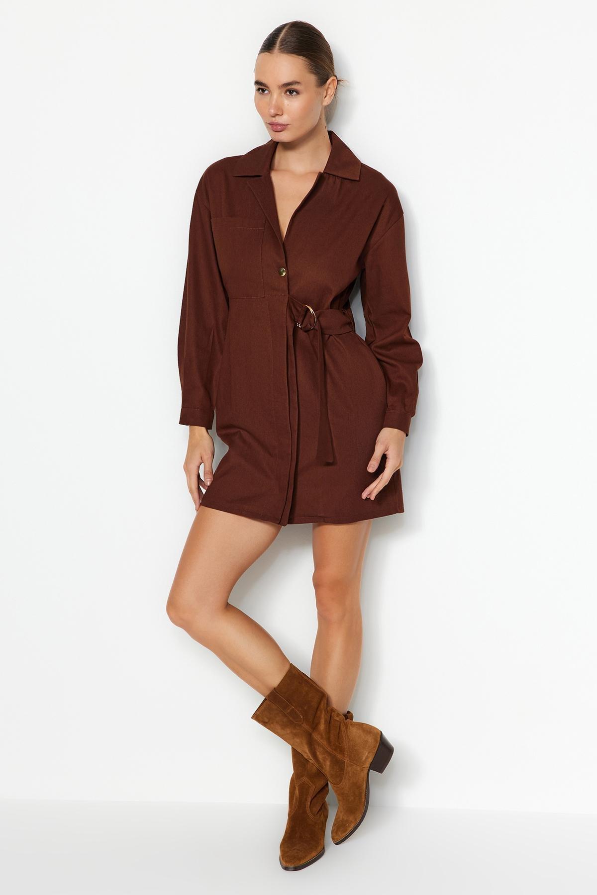 Trendyol - Brown Belted Knitted Mini Dress
