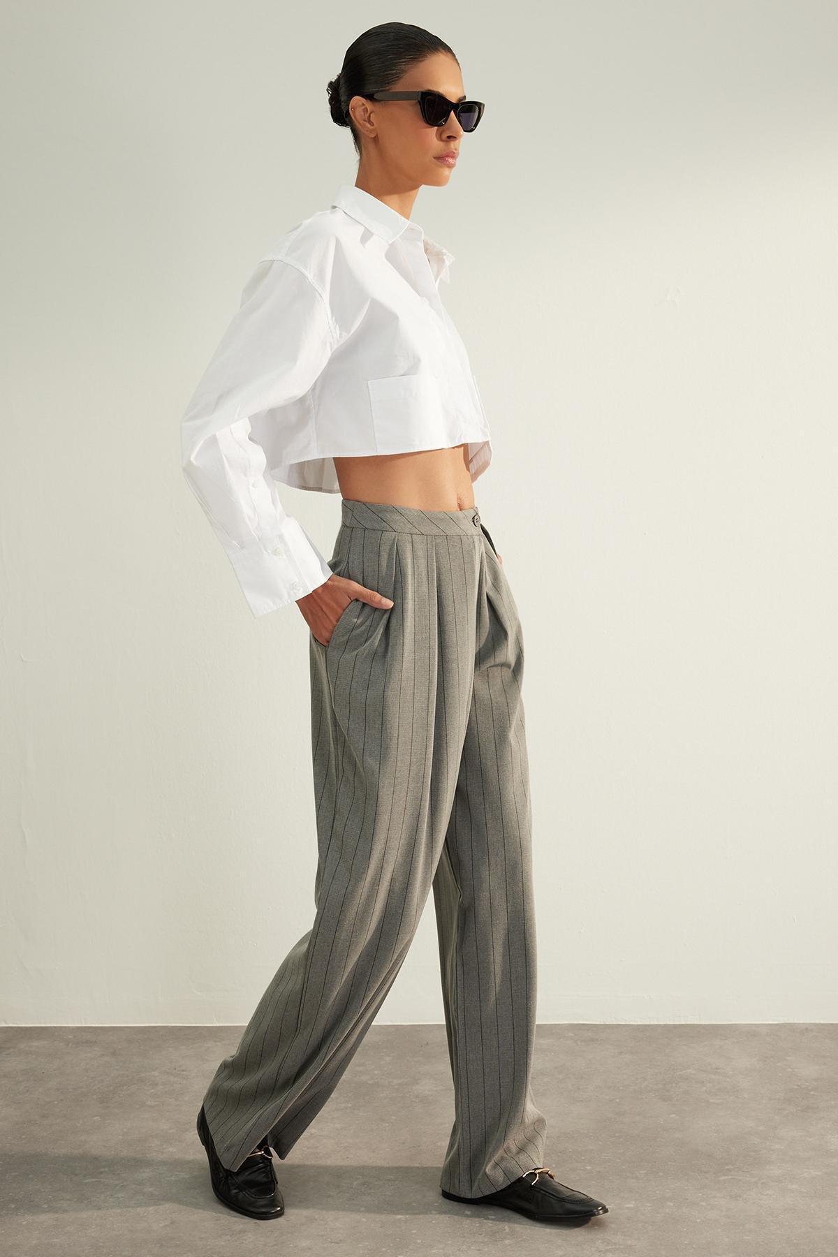 Trendyol - Grey Striped Knitted Trousers