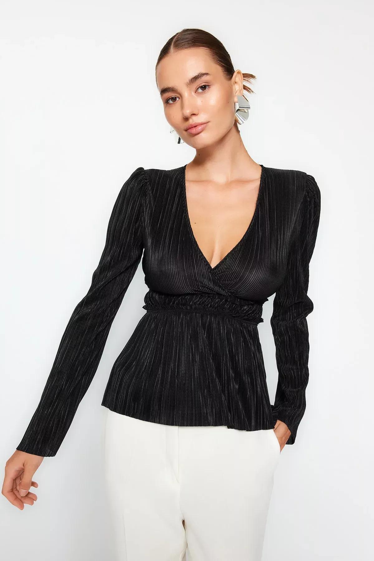 Black V-Neck Double Breasted Pleated Blouse, BLACK, large image number 2