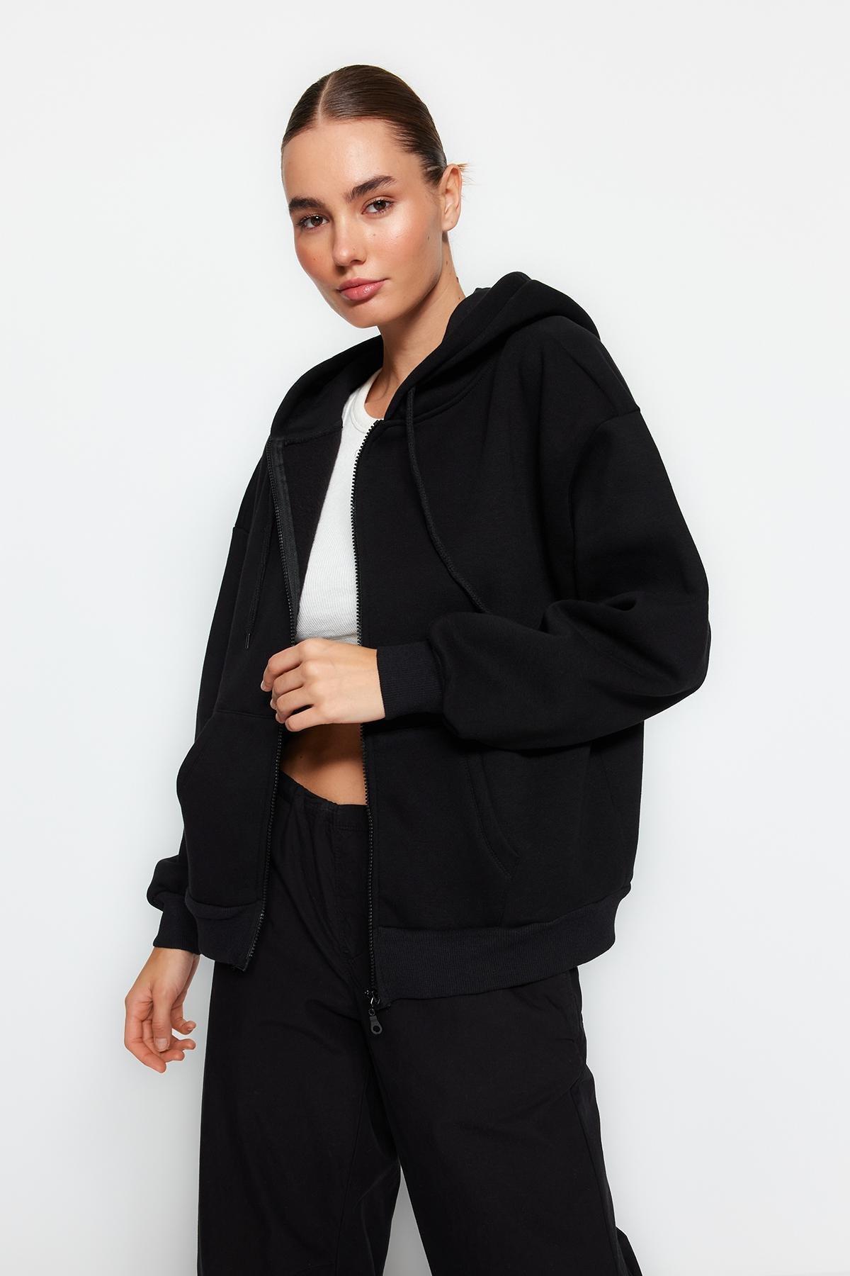 Black Oversize Fleece Hooded Jacket, , large image number 0
