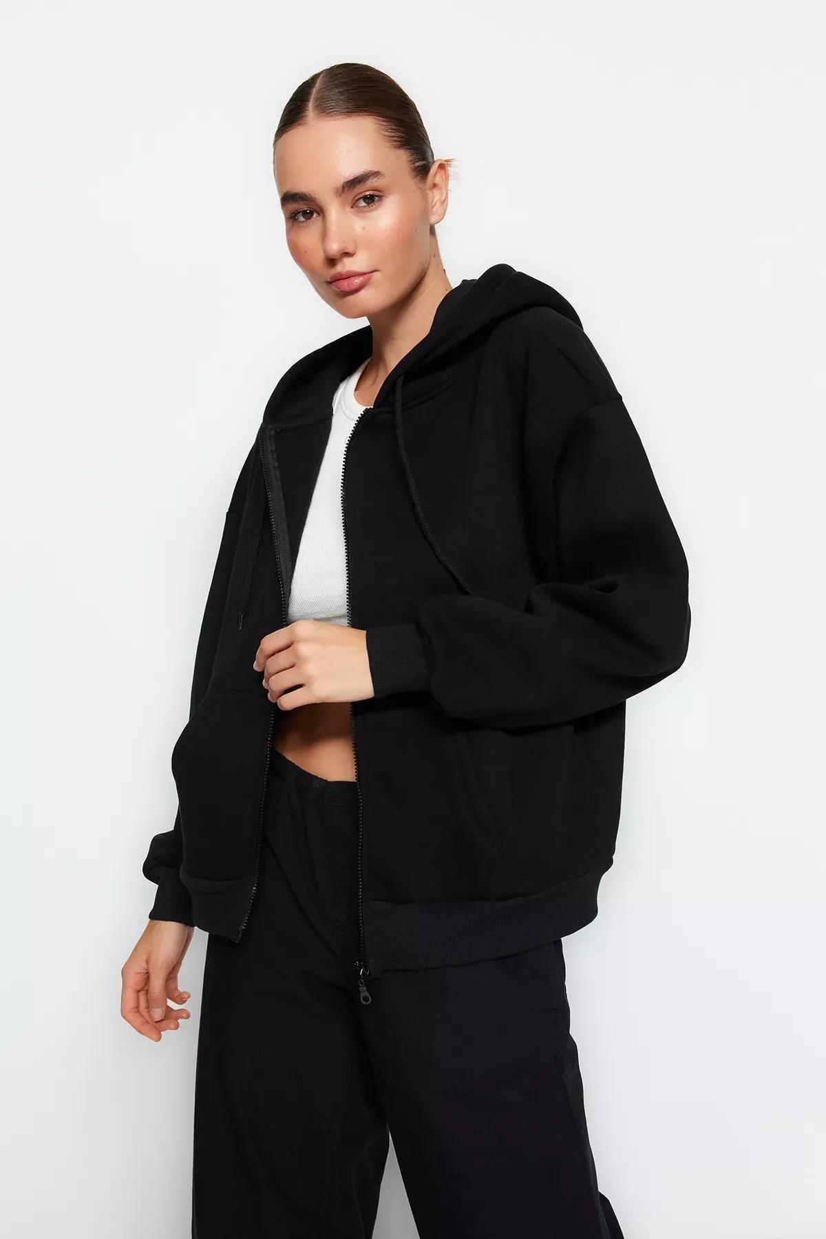 Black Oversize Fleece Hooded Jacket, , large image number 0