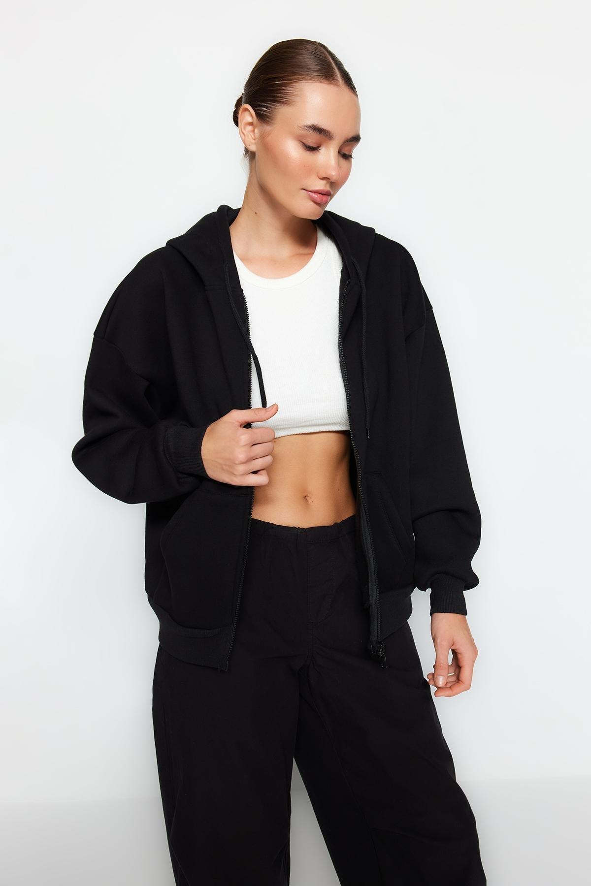 Black Oversize Fleece Hooded Jacket, , large image number 1