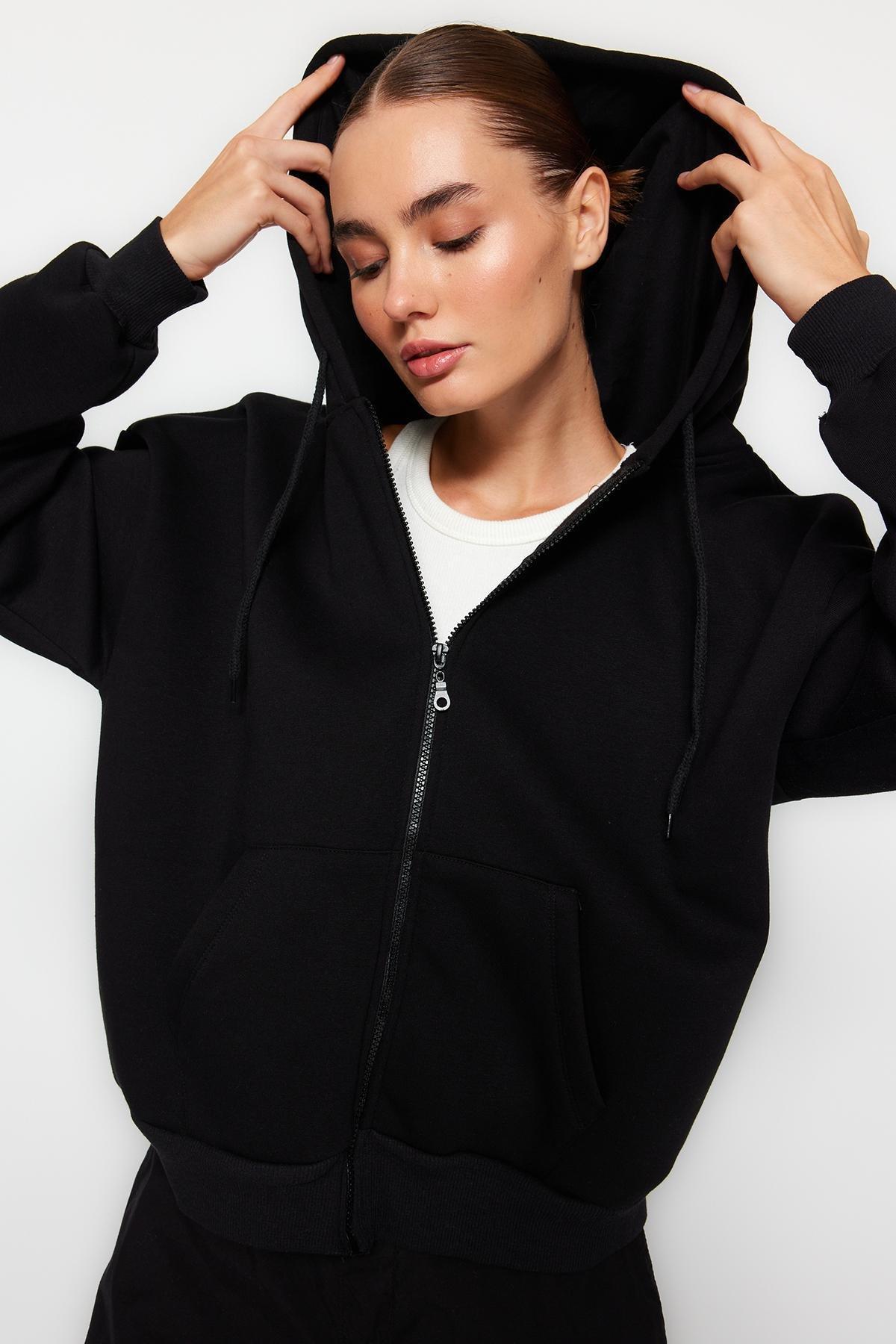 Black Oversize Fleece Hooded Jacket, , large image number 2