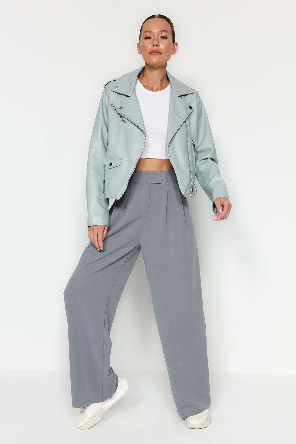 Trendyol - Grey High Waist Wide Leg Knitted Trousers