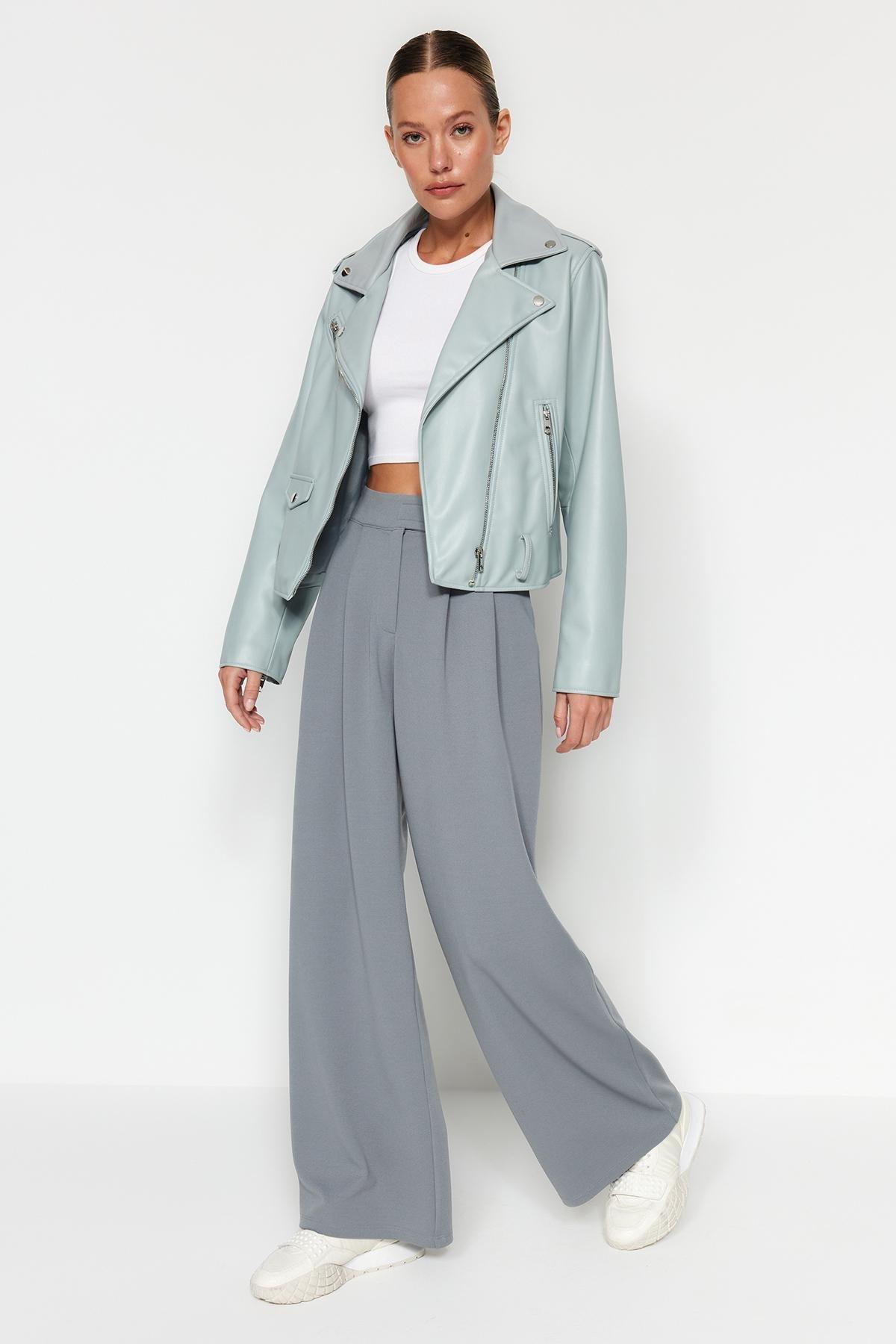 Trendyol - Grey High Waist Wide Leg Knitted Trousers