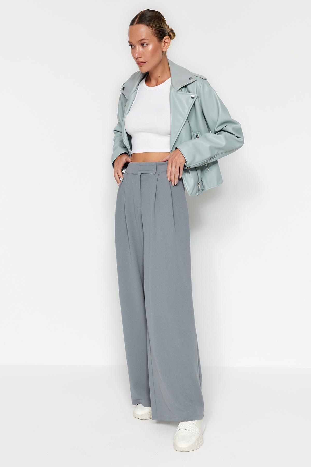 Trendyol - Grey High Waist Wide Leg Knitted Trousers