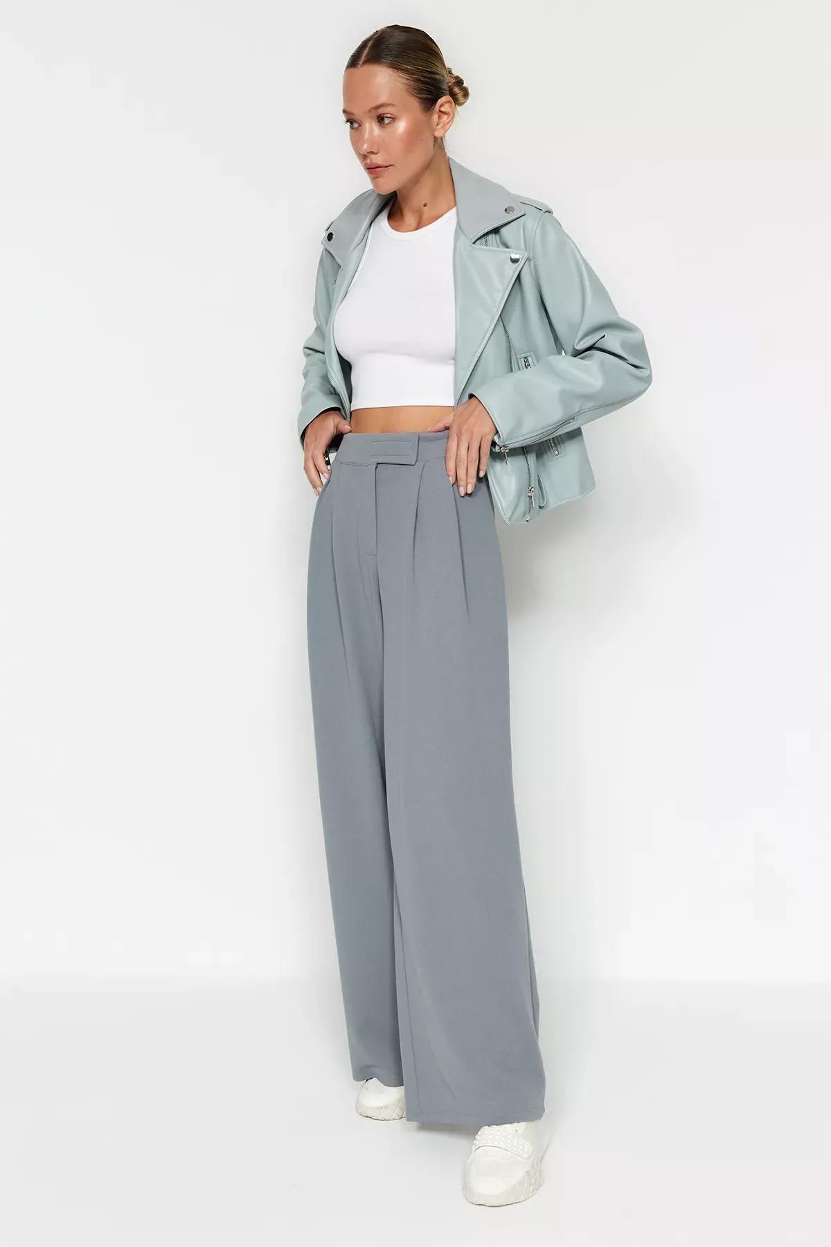 Grey High Waist Wide Leg Knitted Trousers, C101_1653, medium