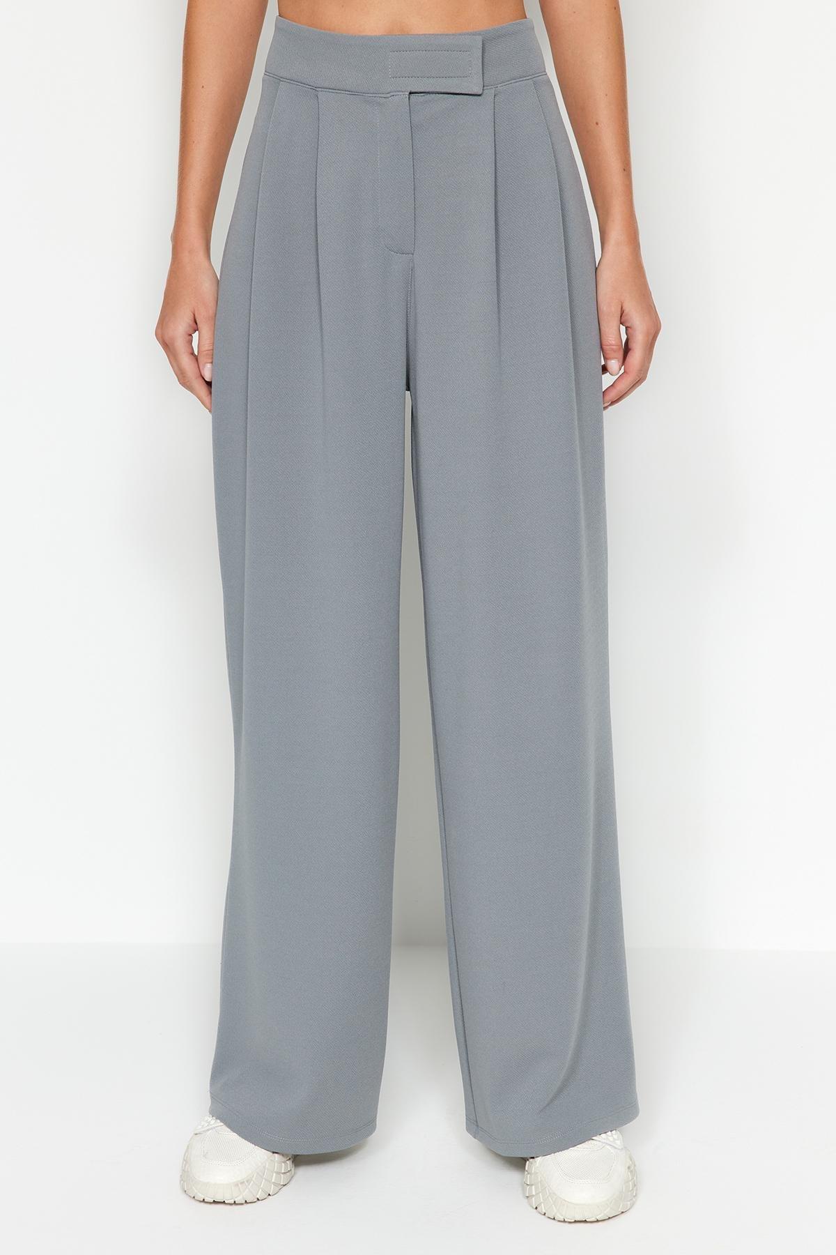 Trendyol - Grey High Waist Wide Leg Knitted Trousers