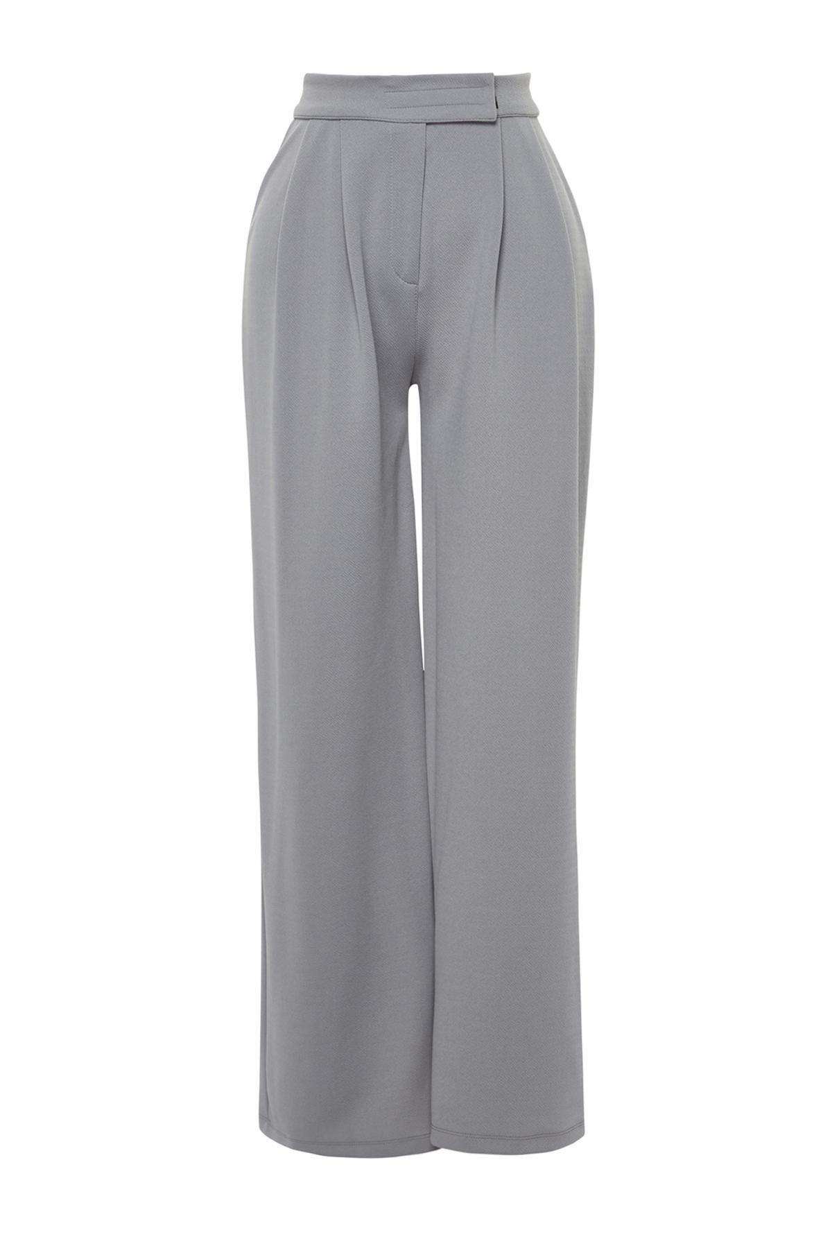 Trendyol - Grey High Waist Wide Leg Knitted Trousers