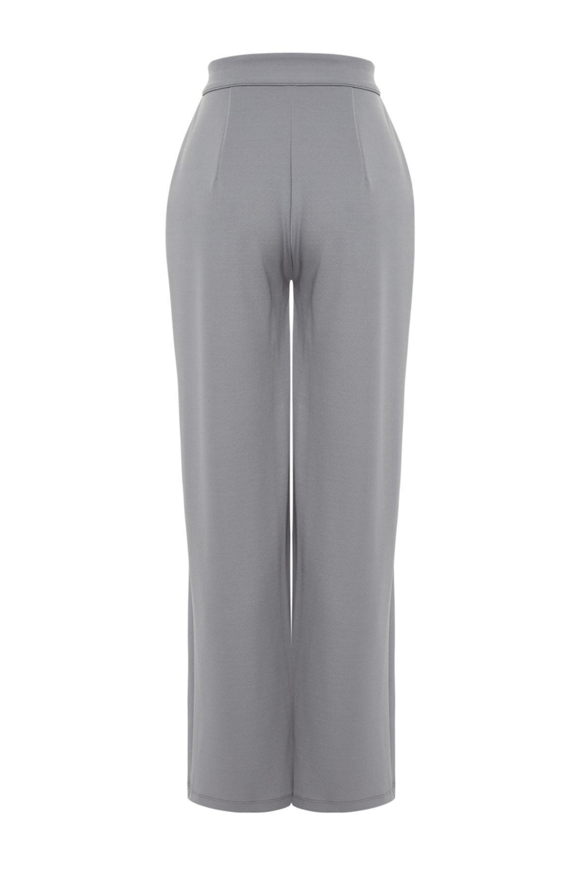 Trendyol - Grey High Waist Wide Leg Knitted Trousers