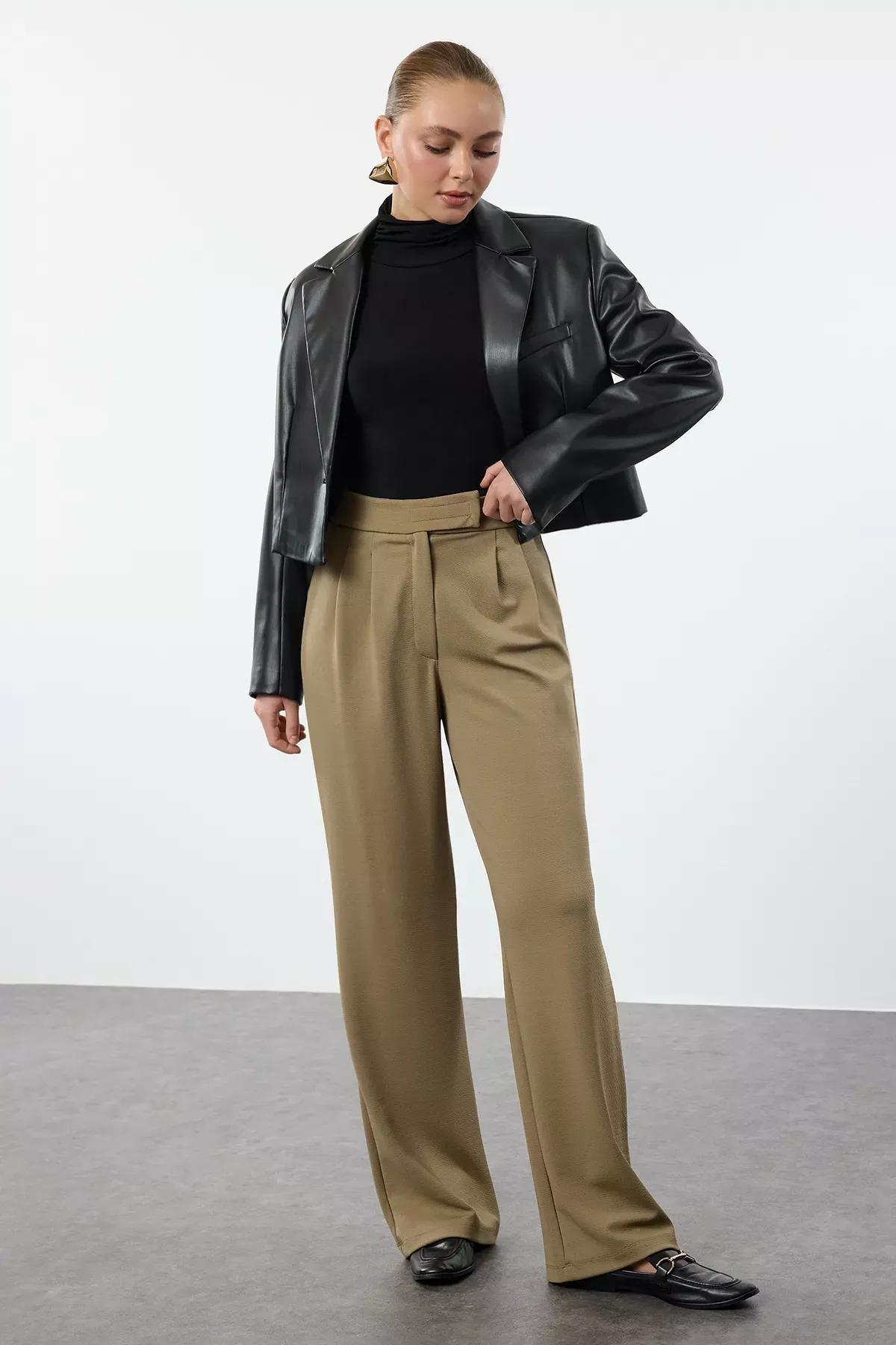 Green Pleated Wide Trousers, , large image number 0