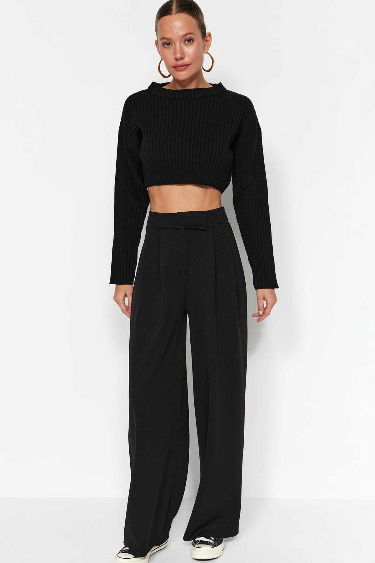 Black High Waist Pleated Wide Pants, , large image number 0