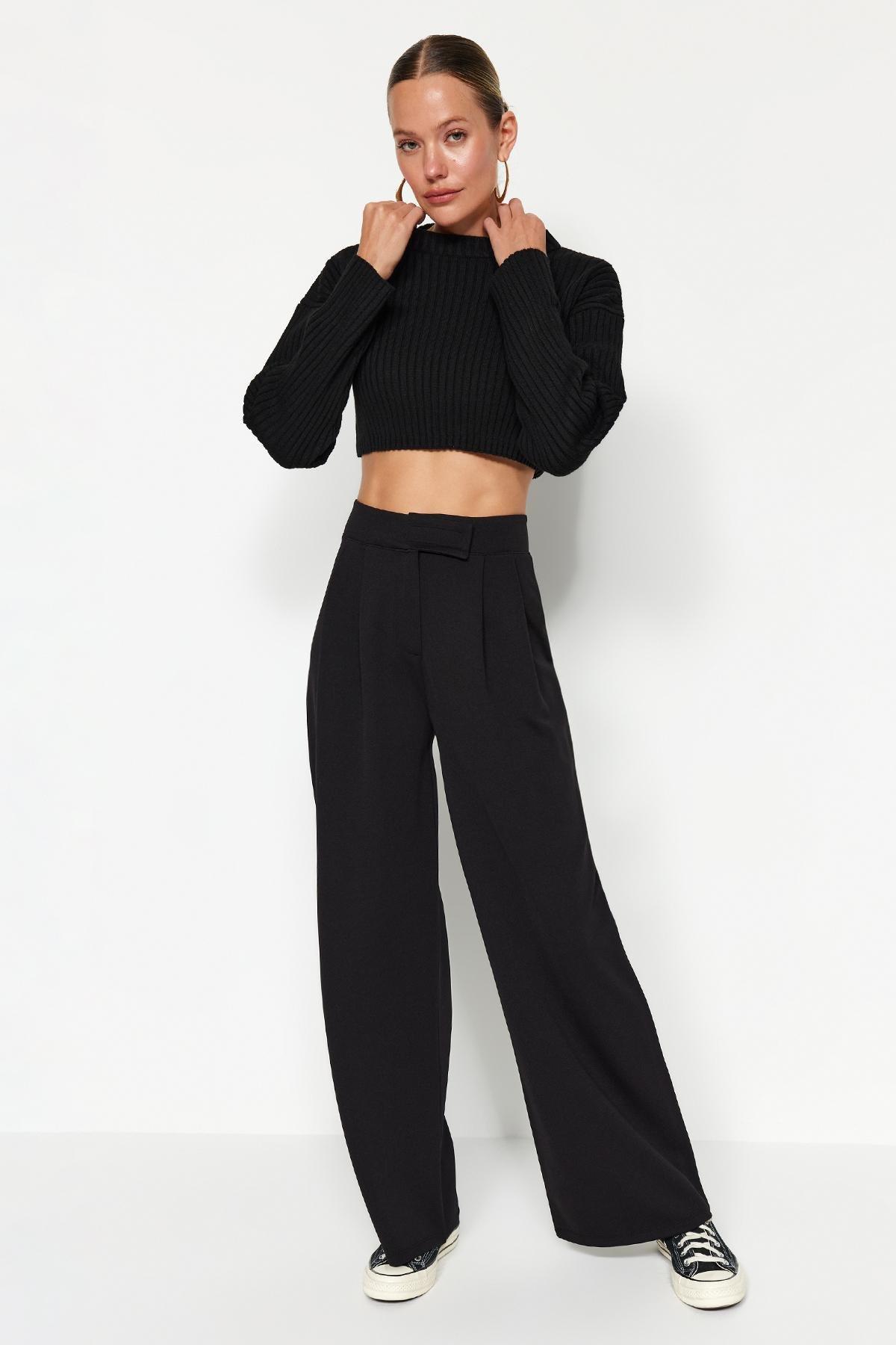 Black High Waist Pleated Wide Pants, , large image number 1