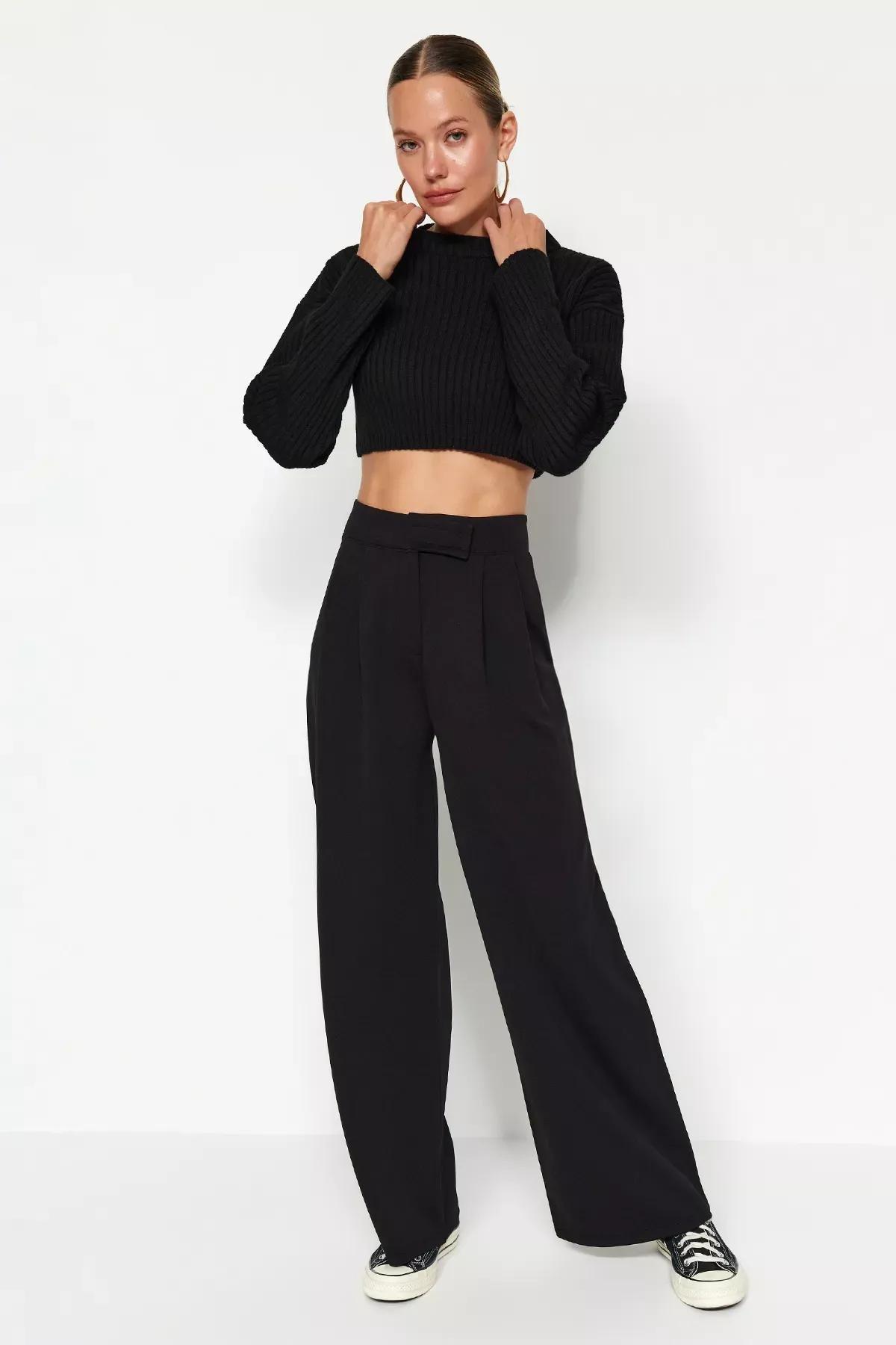 Black High Waist Pleated Wide Pants, BLACK, medium