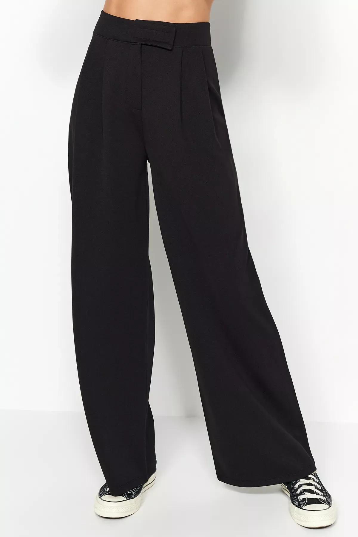 Black High Waist Pleated Wide Pants, BLACK, medium