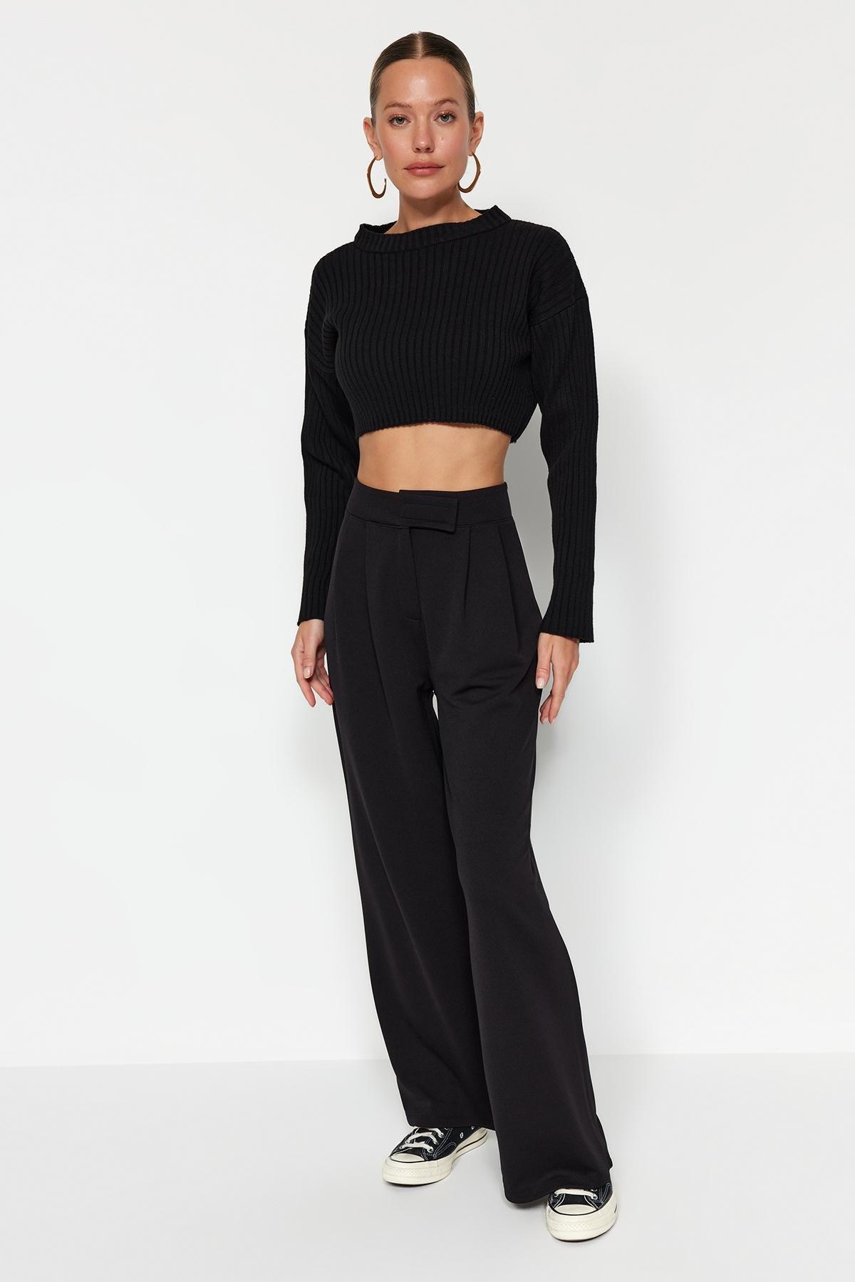 Black High Waist Pleated Wide Pants, , large image number 4