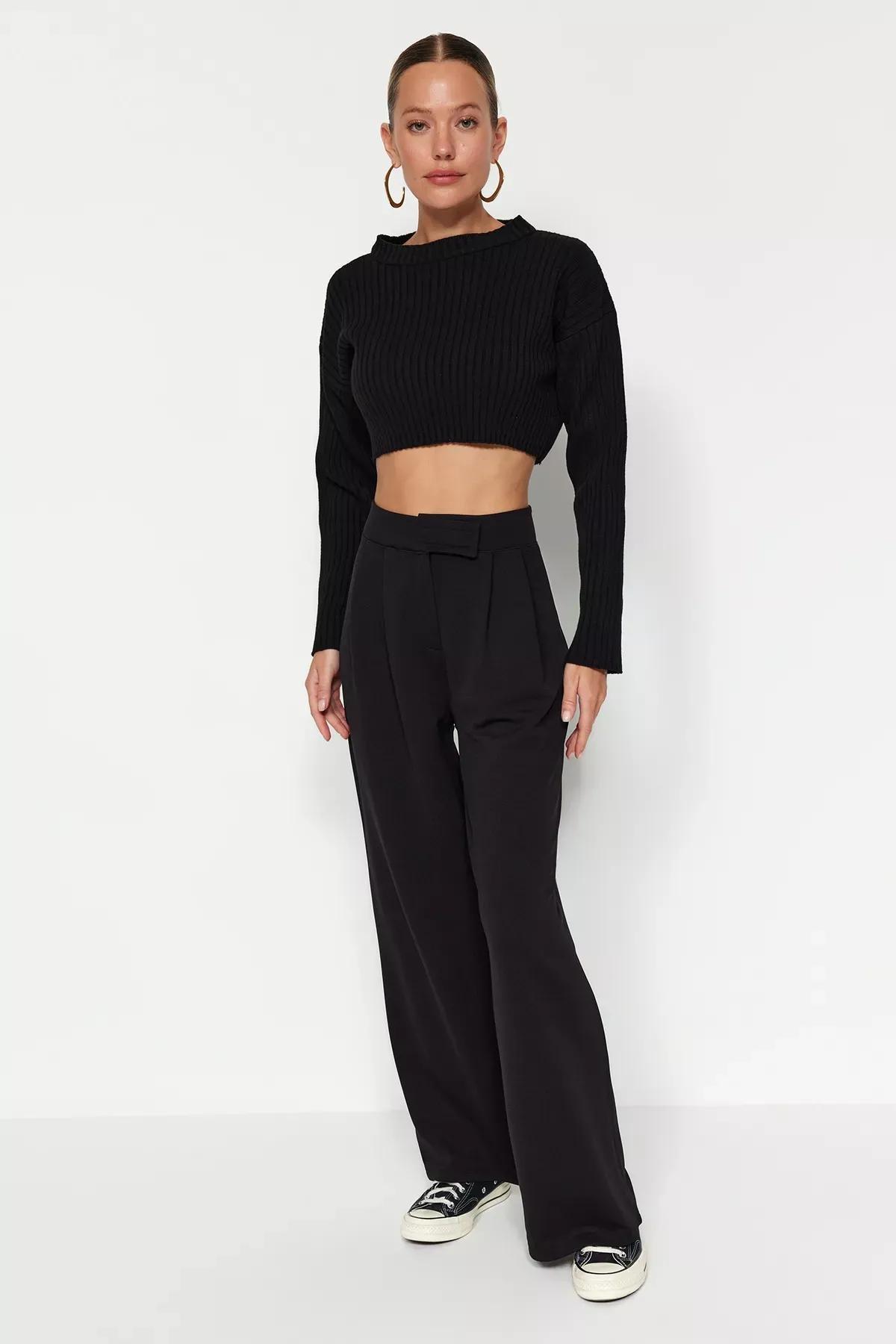 Black High Waist Pleated Wide Pants, BLACK, large image number 4