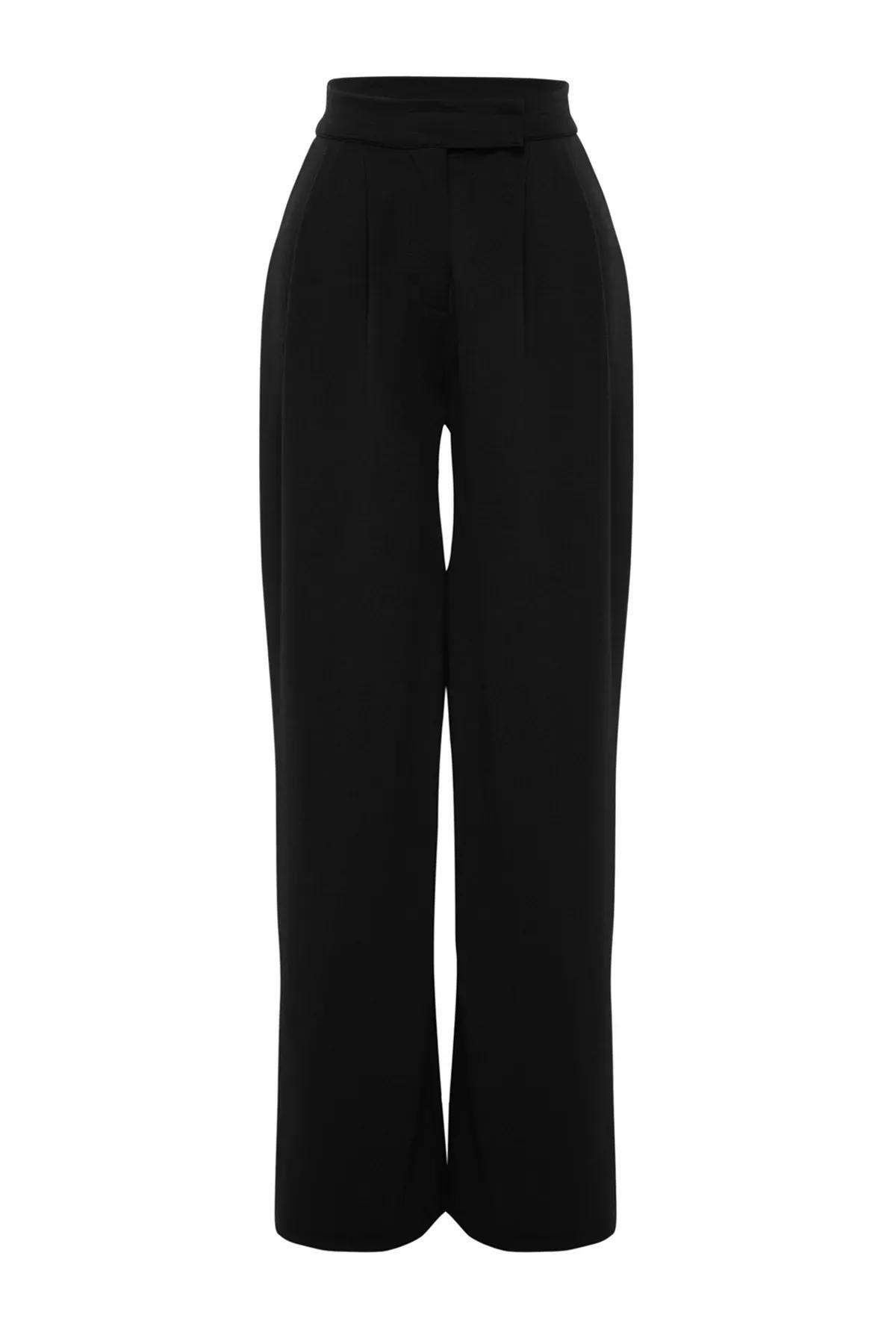 Black High Waist Pleated Wide Pants, BLACK, large image number 5