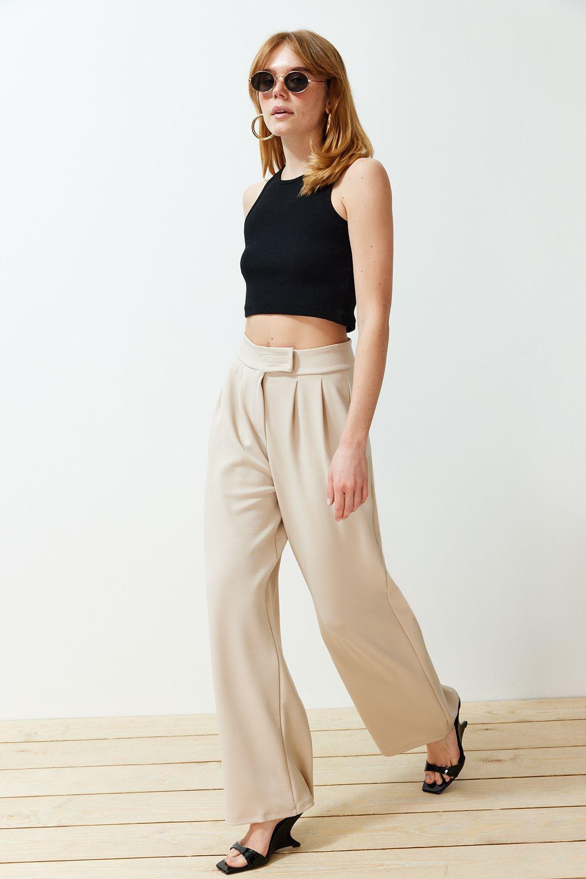 Stone Belt Velcro High Waist Pleated Wide Leg Trousers TWOAW24PL00177, Einzeln, , large image number 1