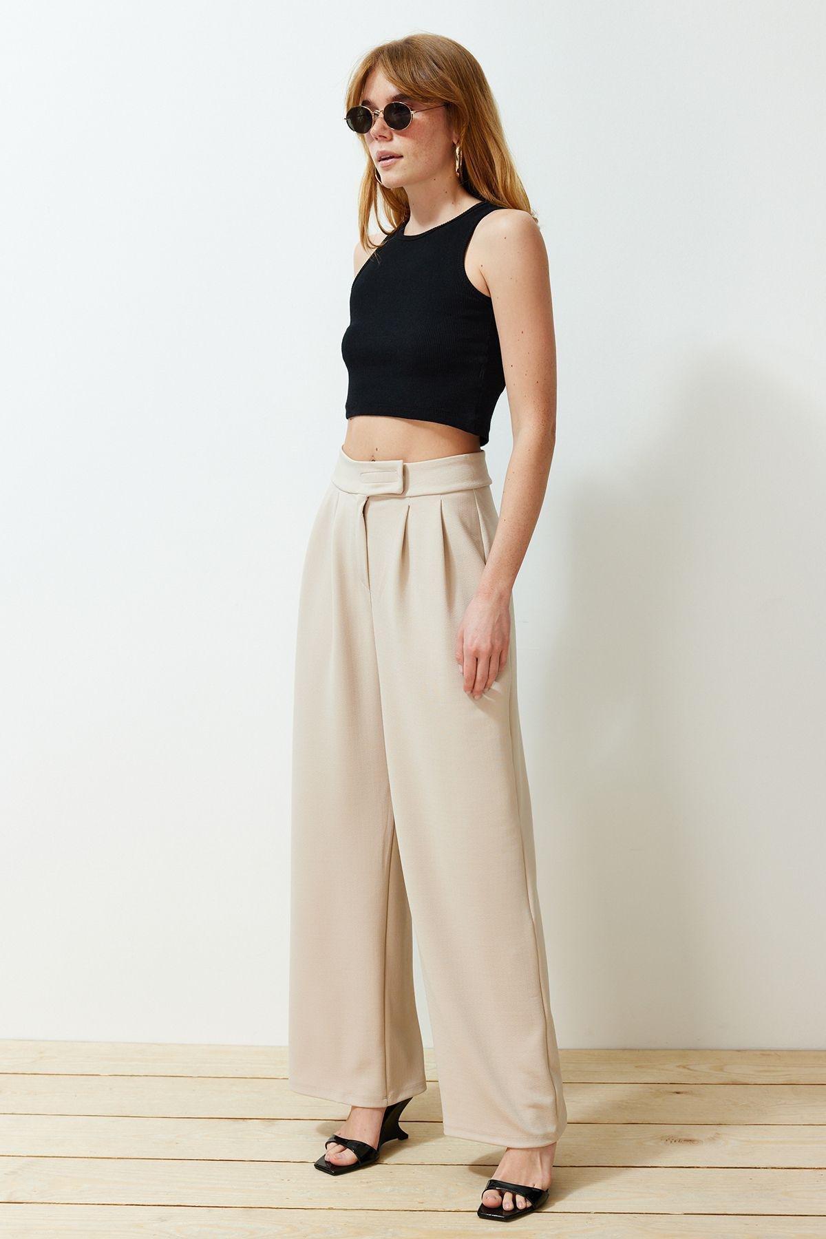 Stone Belt Velcro High Waist Pleated Wide Leg Trousers TWOAW24PL00177, Einzeln, , large image number 3