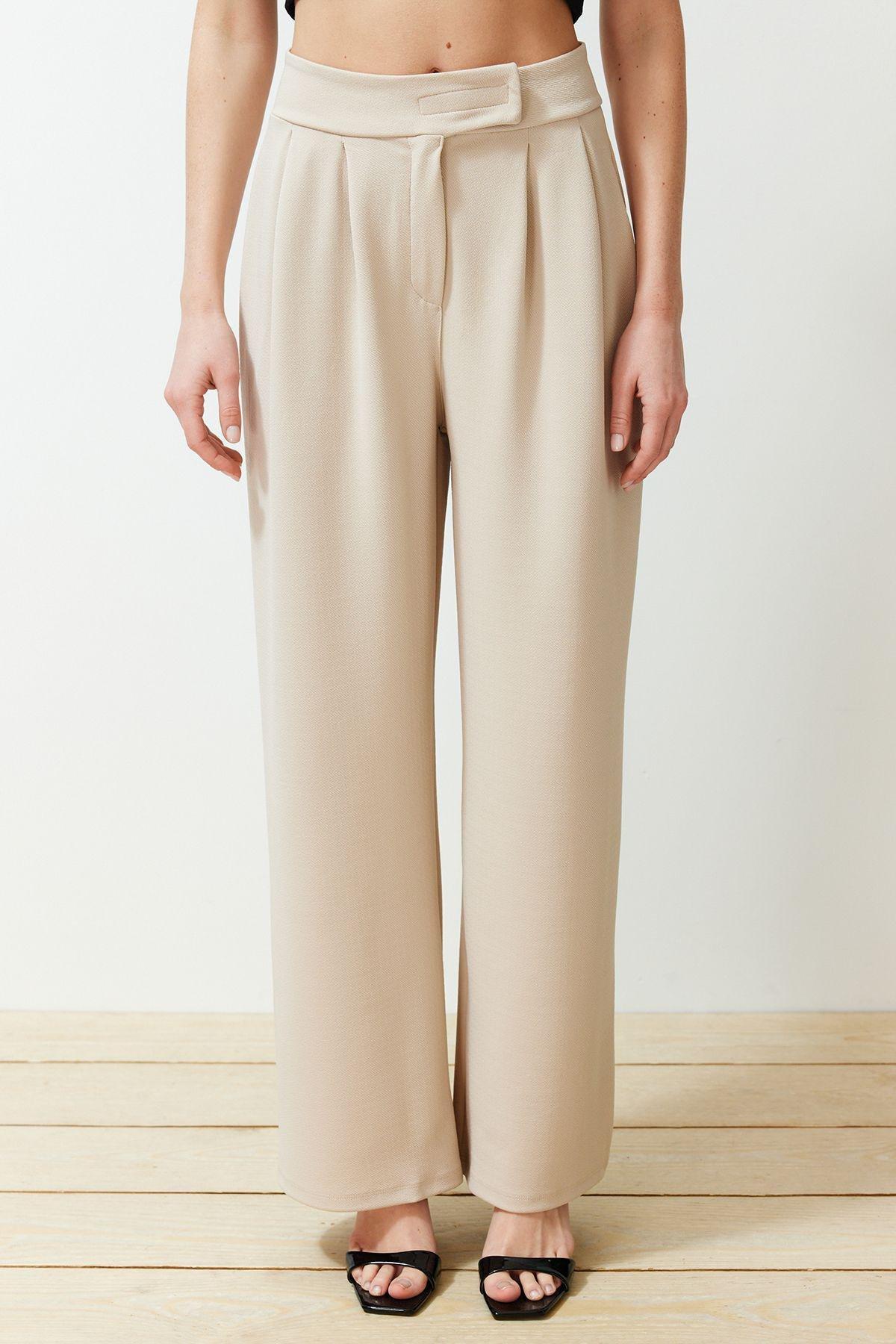 Stone Belt Velcro High Waist Pleated Wide Leg Trousers TWOAW24PL00177, Einzeln, , large image number 4
