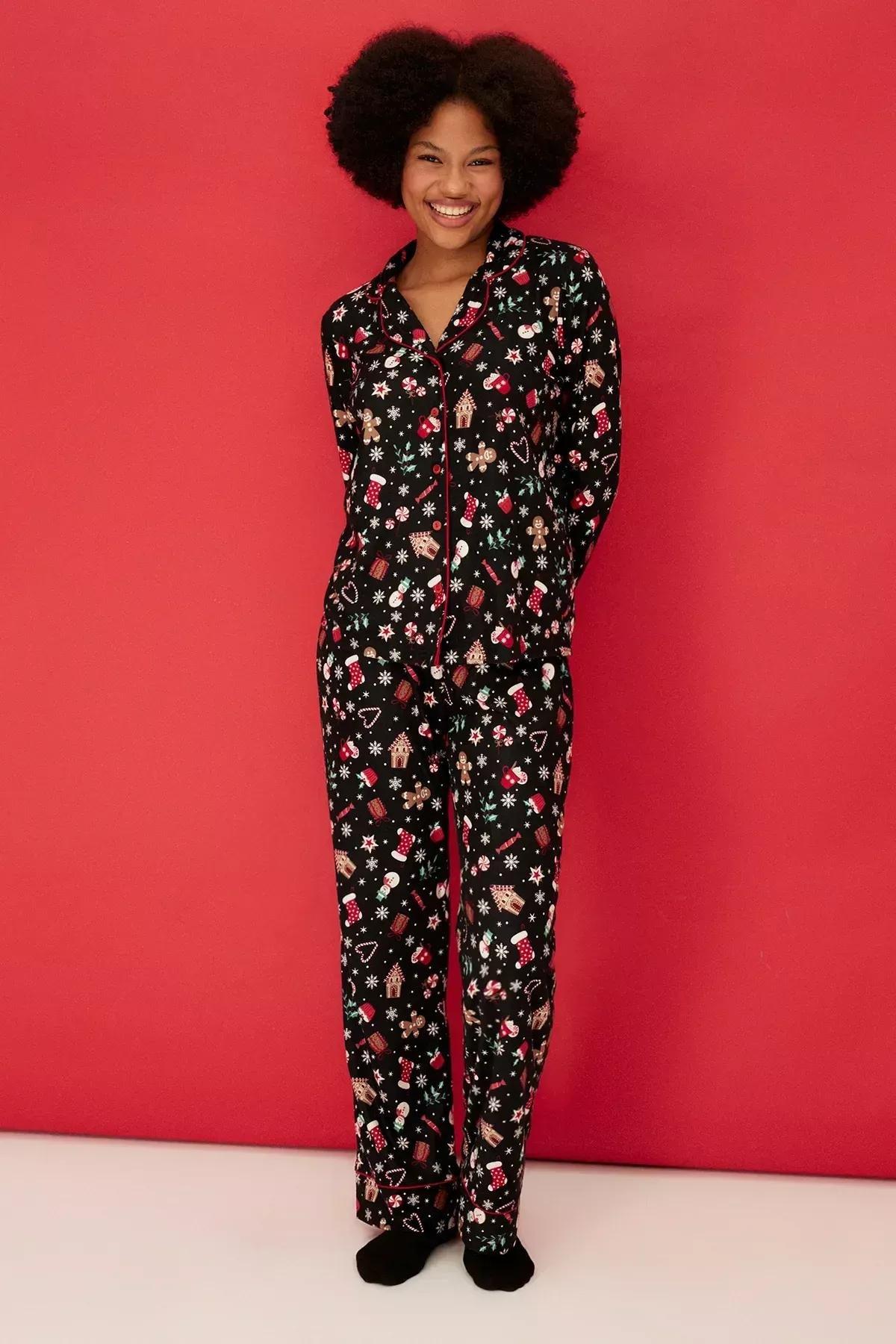 Black Christmas Knitted Pyjamas Set, BLACK, large image number 1