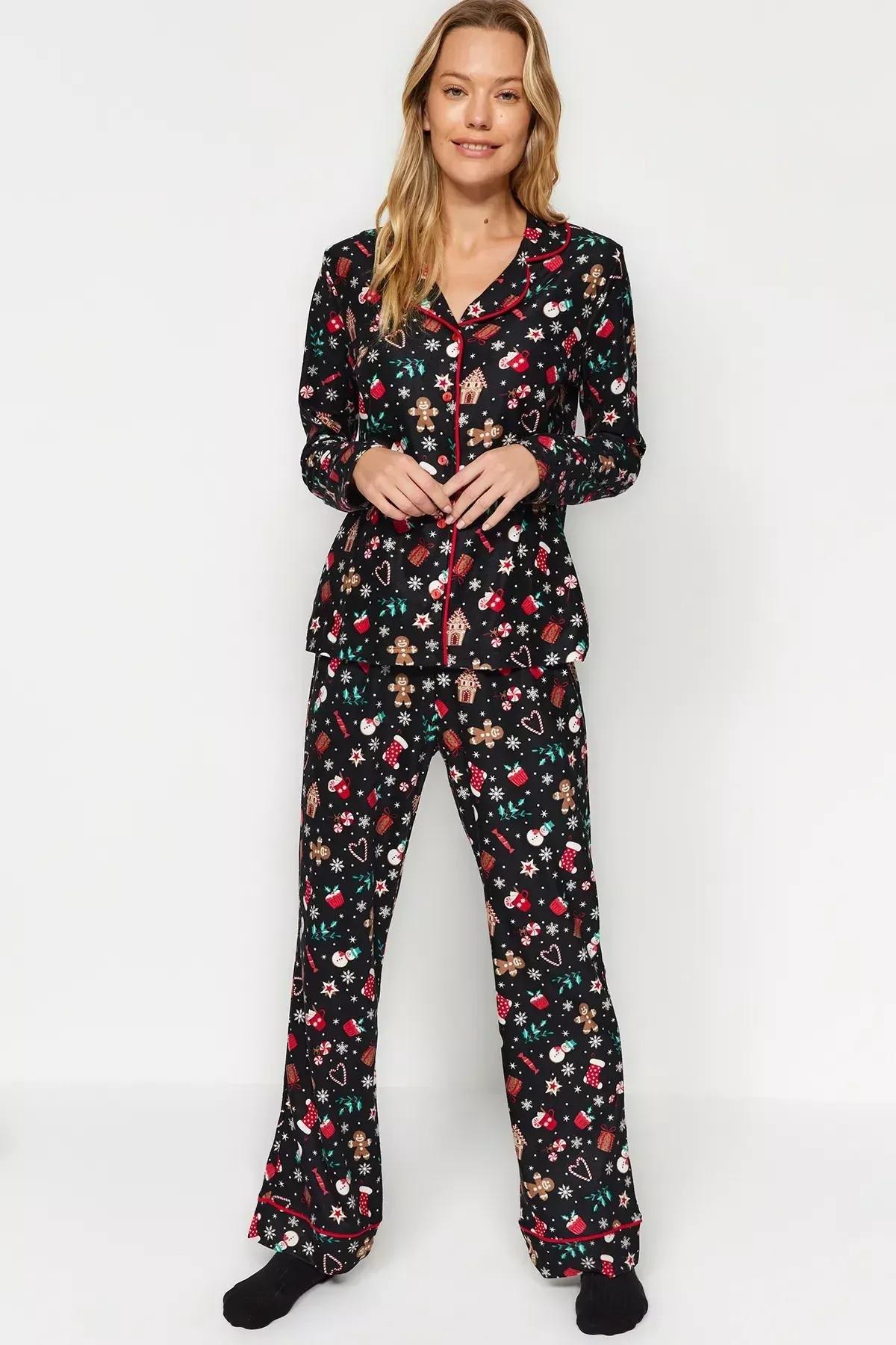 Black Christmas Knitted Pyjamas Set, BLACK, medium