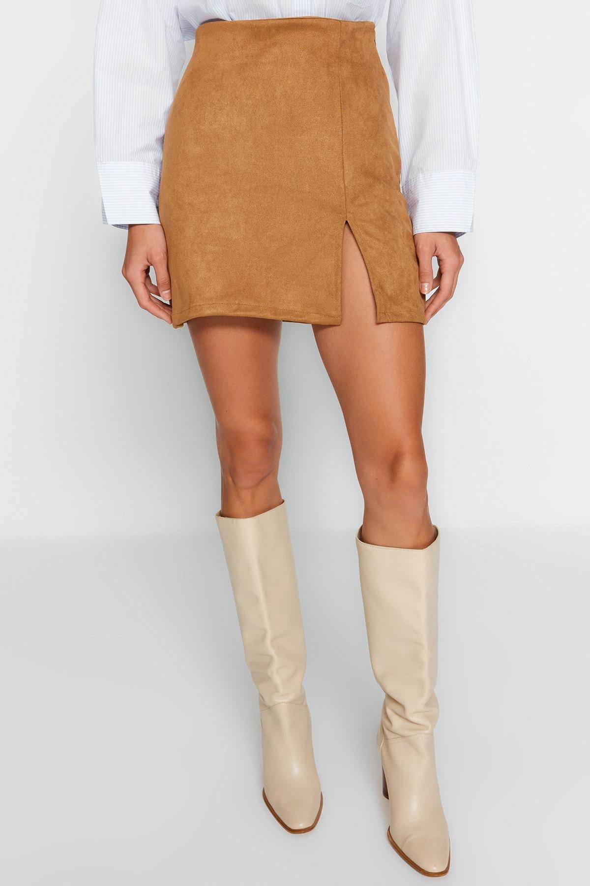Trendyol - Beige Slit Suede Knitted Mini Skirt